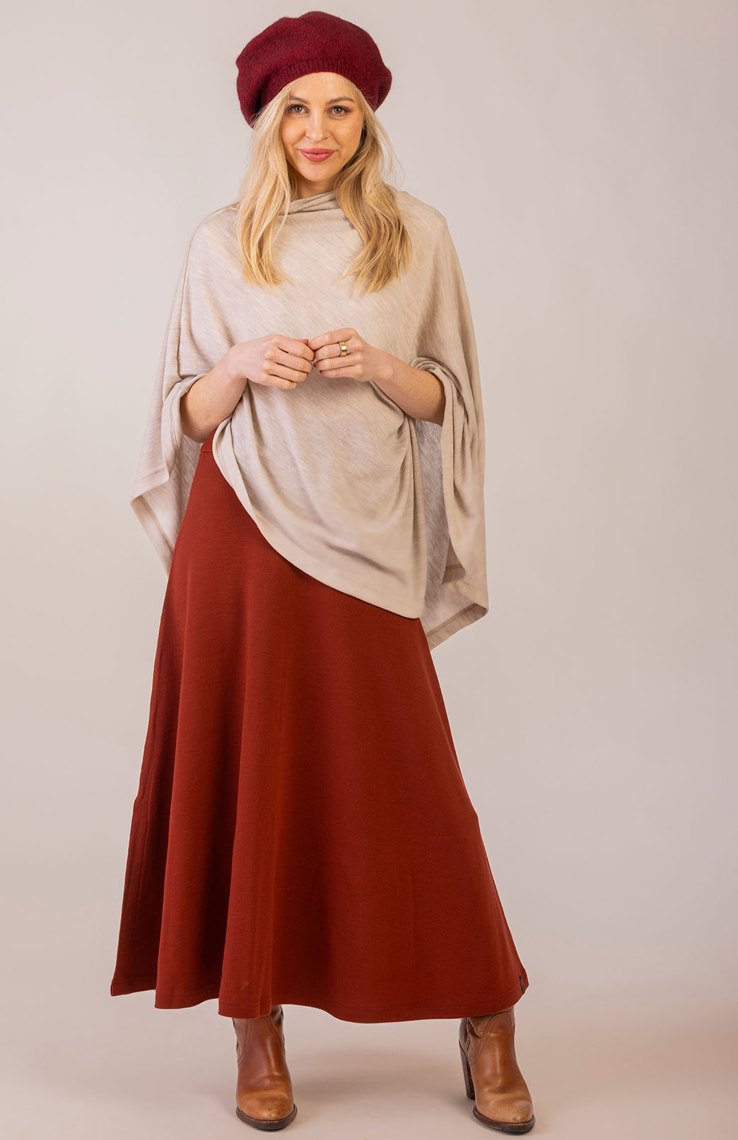 Shiraz Red Women's Merino Wool Ponte A-Line Midi Skirt