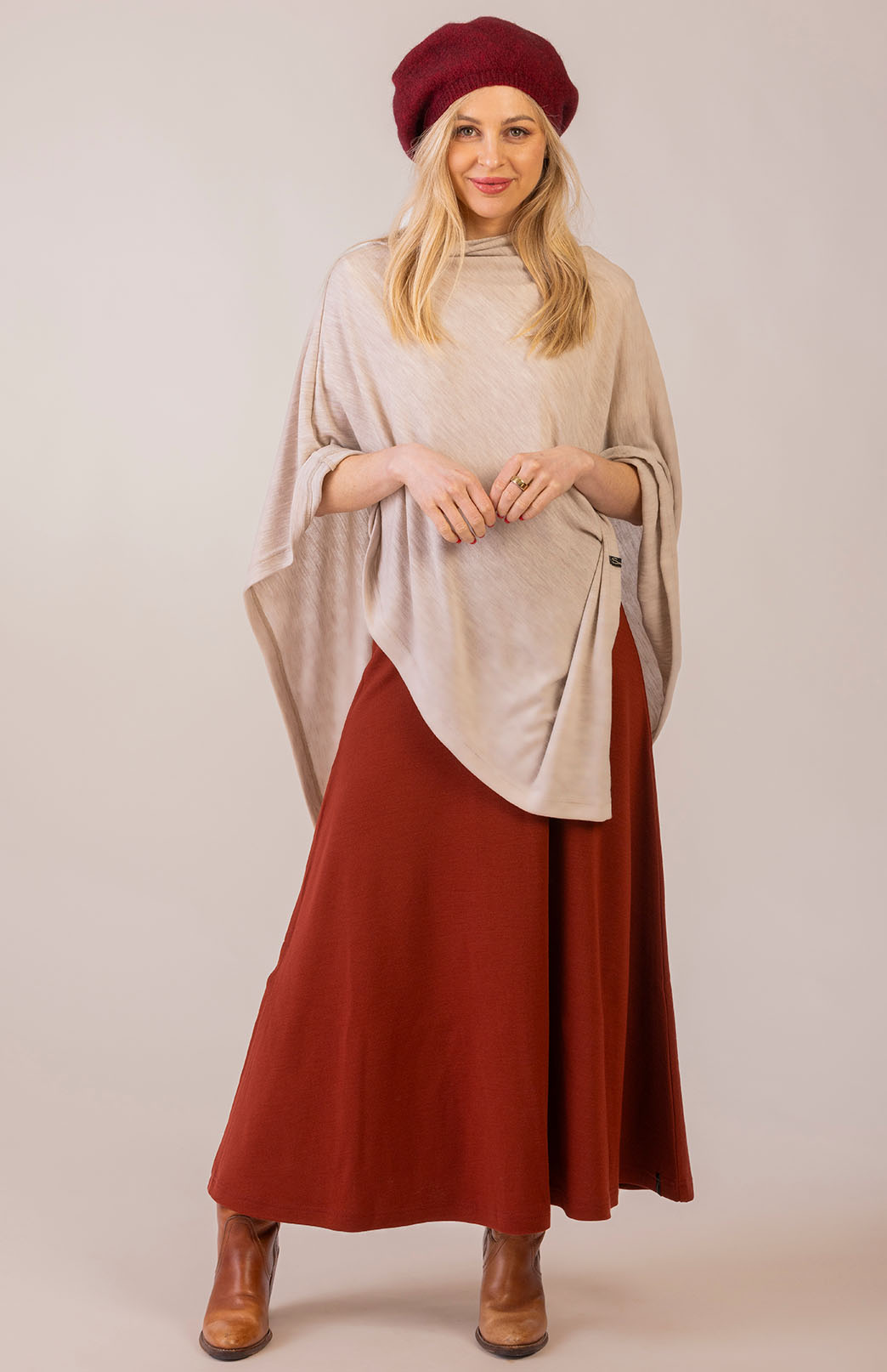 Our models wearing Classic Poncho and Marion Skirt