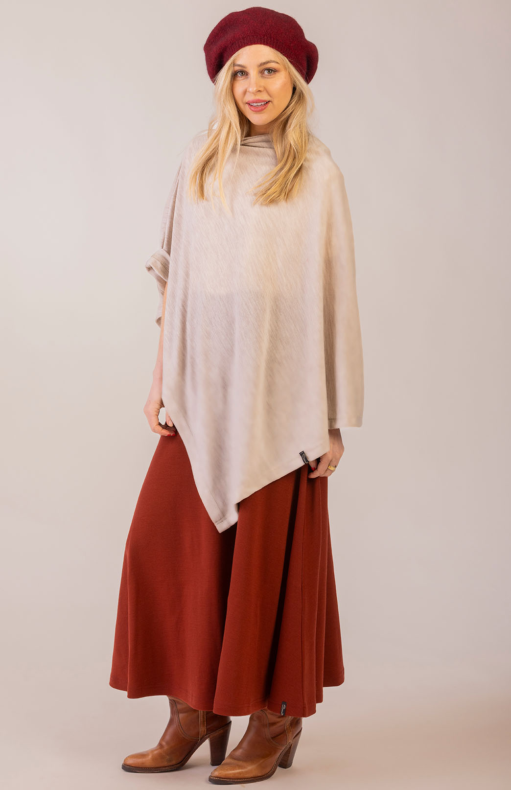 Shiraz Red Women's Merino Wool Ponte A-Line Midi Skirt