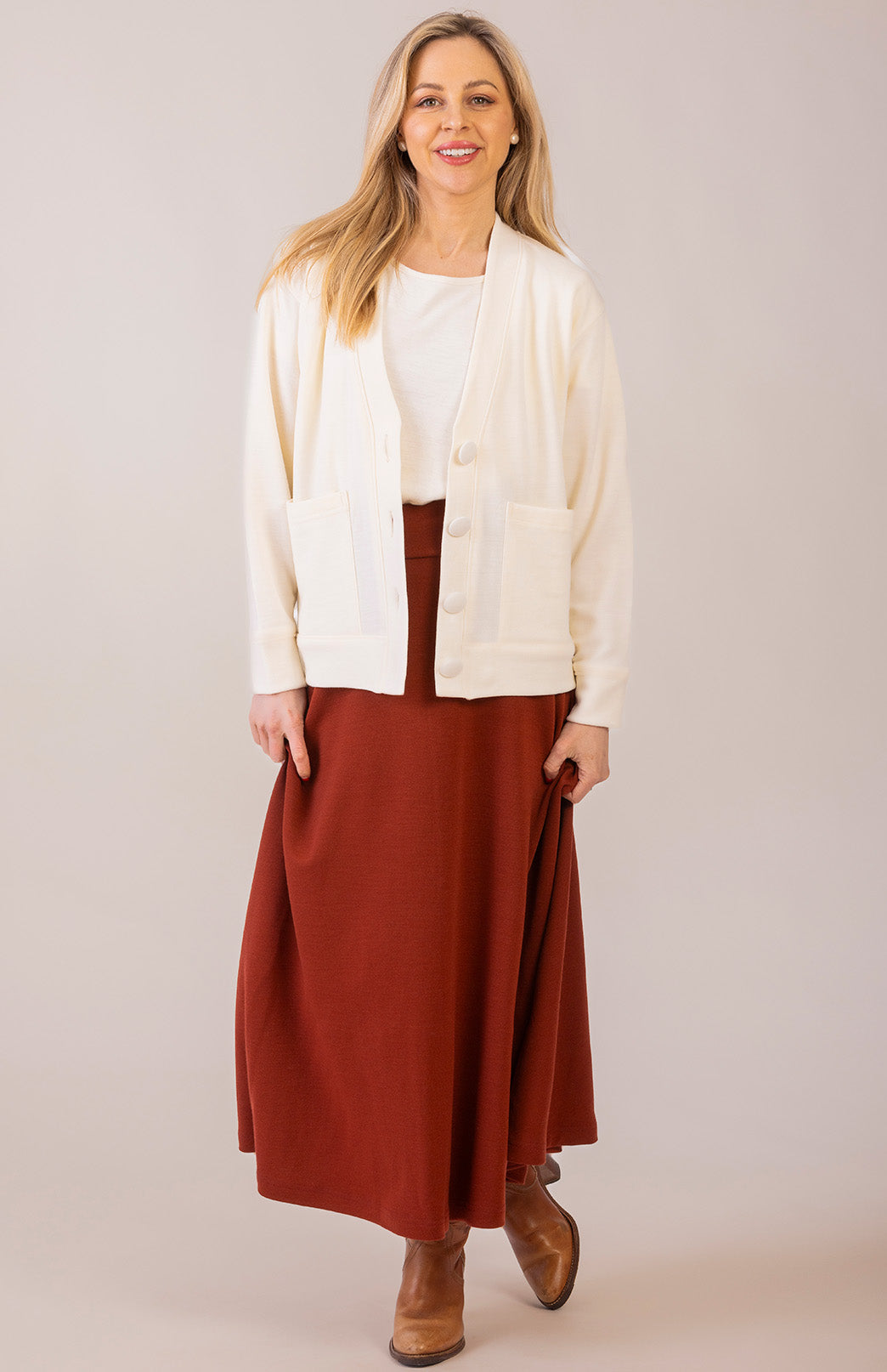 Shiraz Red Women's Merino Wool Ponte A-Line Midi Skirt