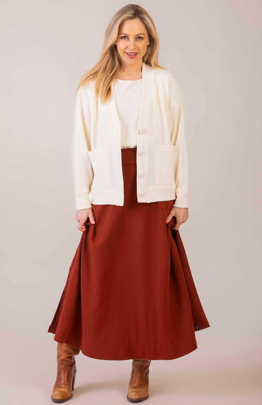 Shiraz Red Women's Merino Wool Ponte A-Line Midi Skirt