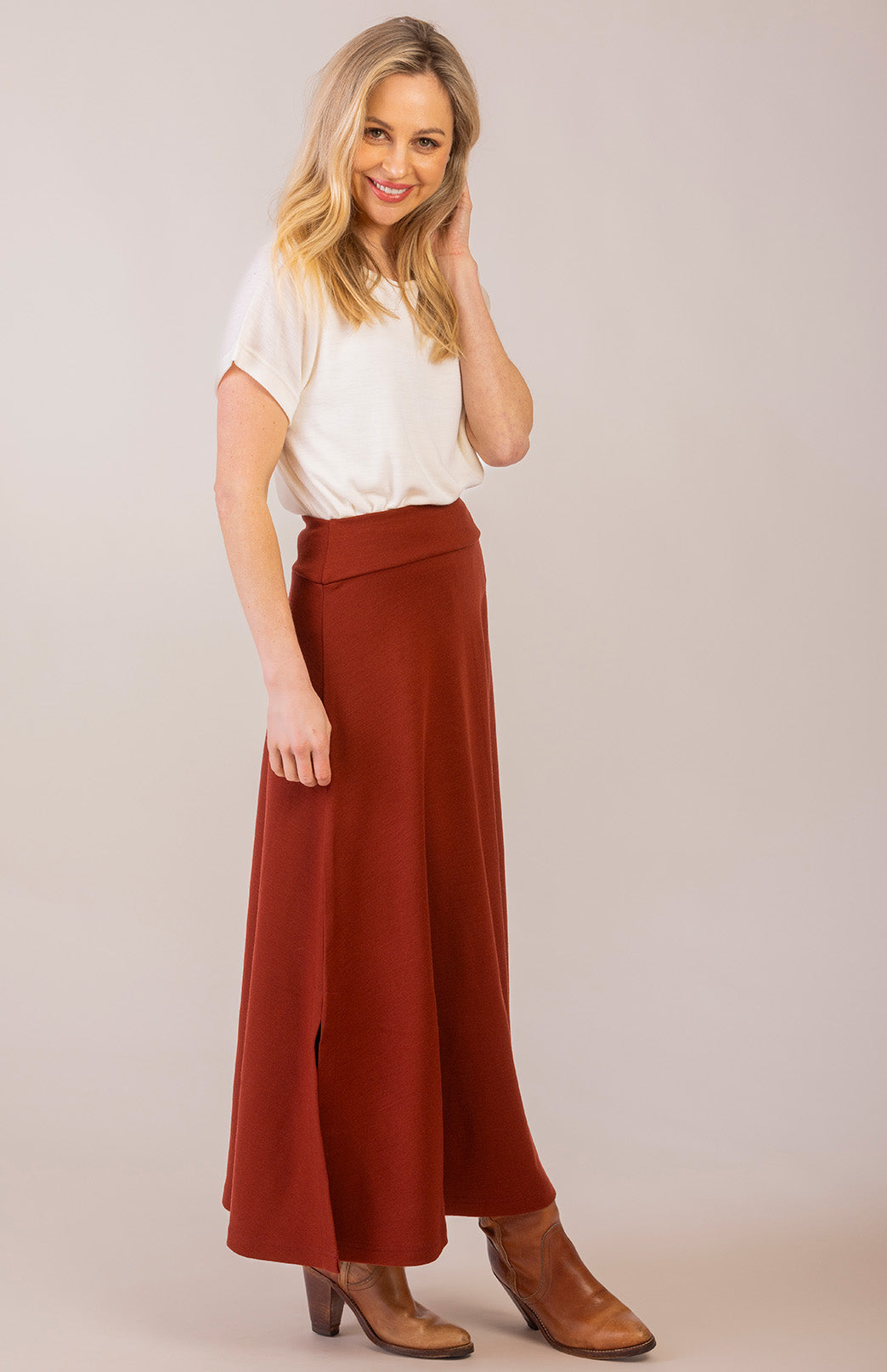 Shiraz Red Women's Merino Wool Ponte A-Line Midi Skirt