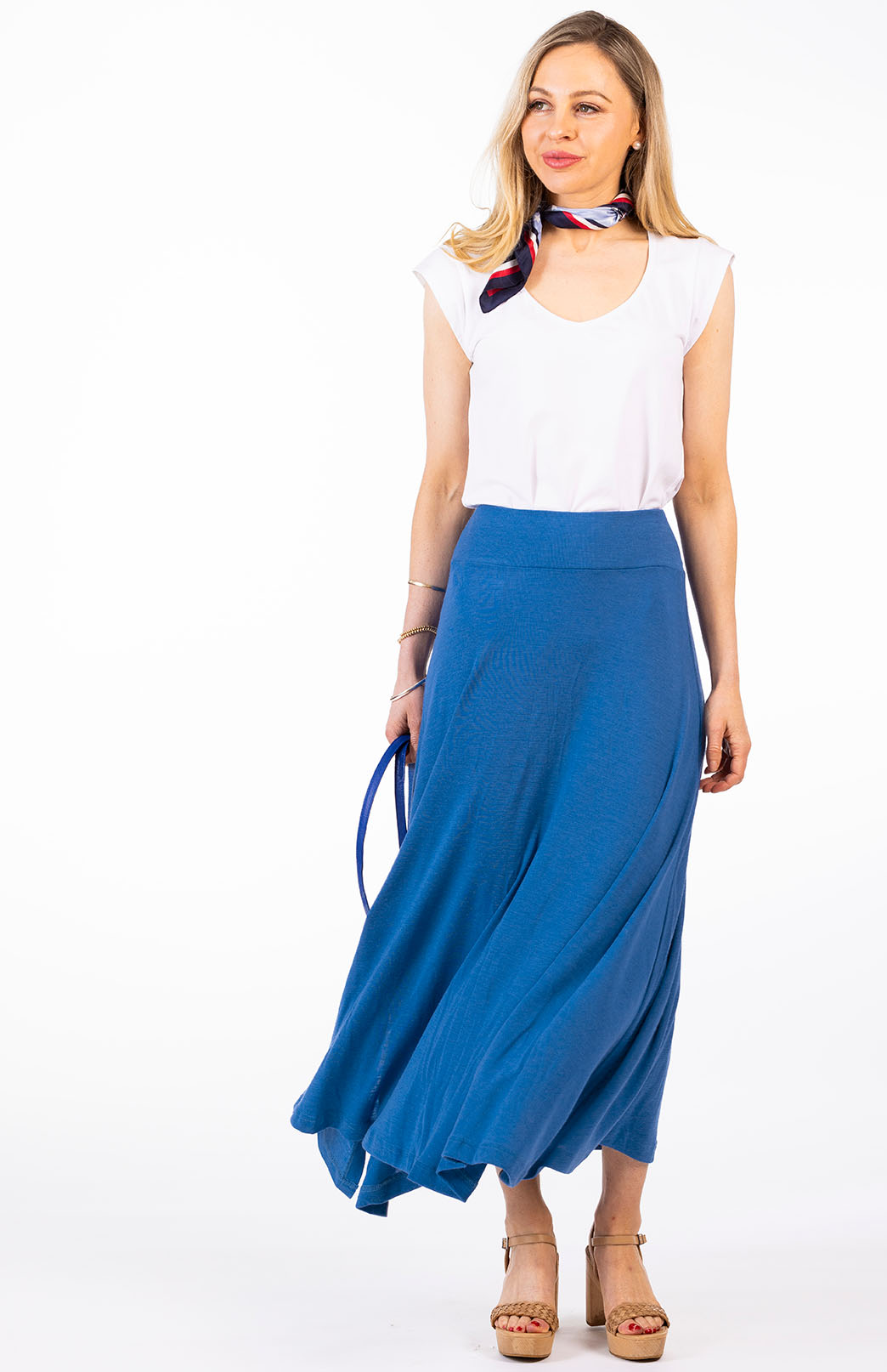 Summer French Blue Women's Merino Wool Midweight A-Line Midi Skirt