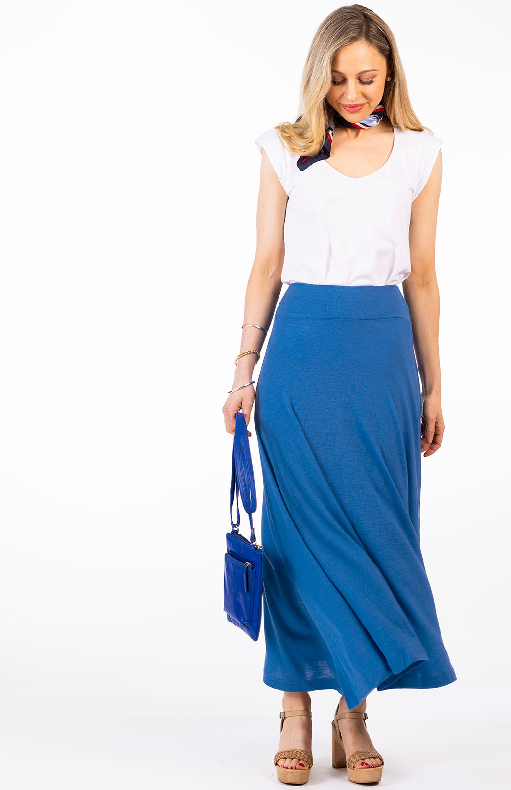 Summer French Blue Women's Merino Wool Midweight A-Line Midi Skirt