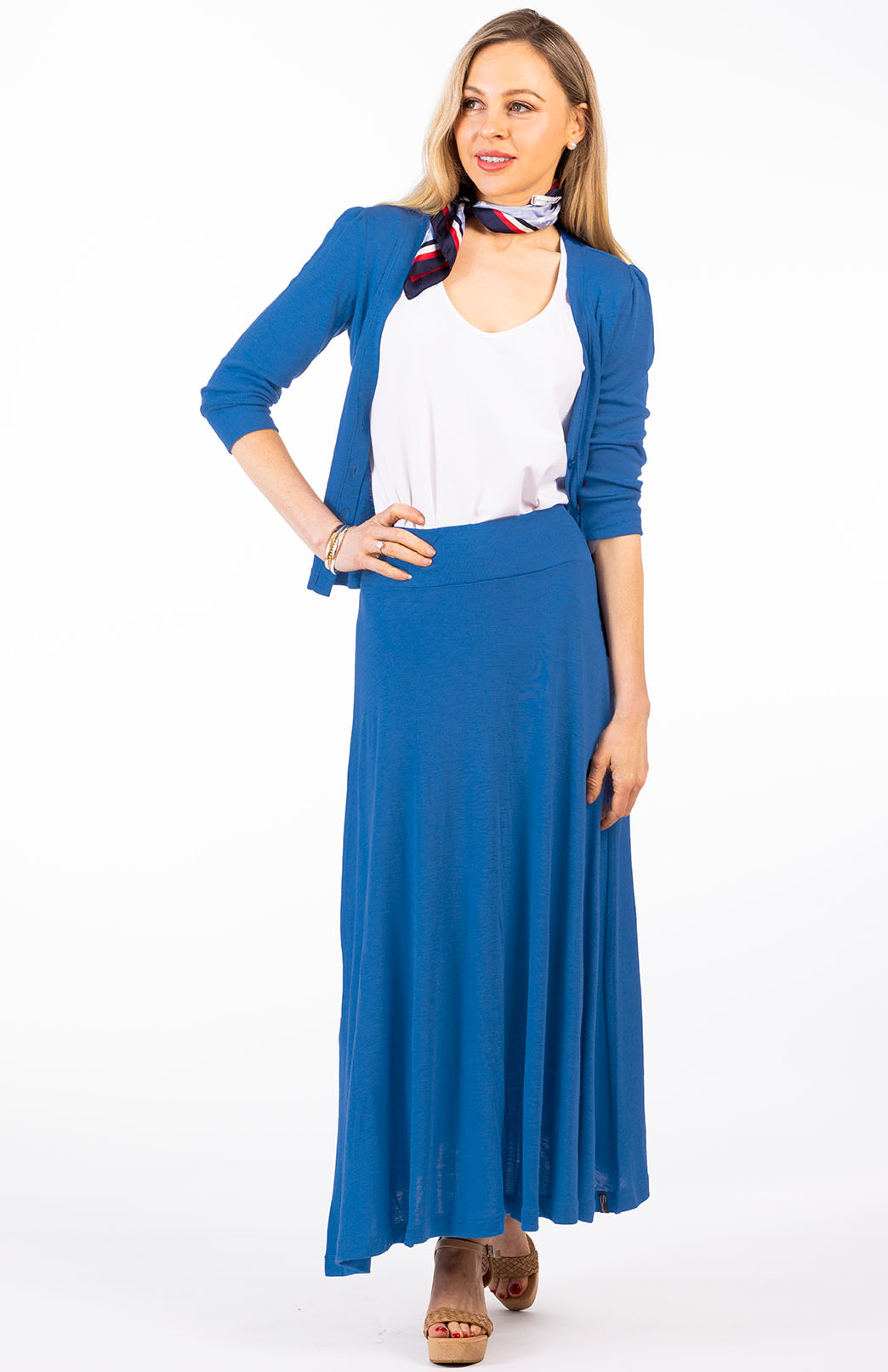 Summer French Blue Women's Merino Wool Crop Cardigan with 3/4 Sleeves