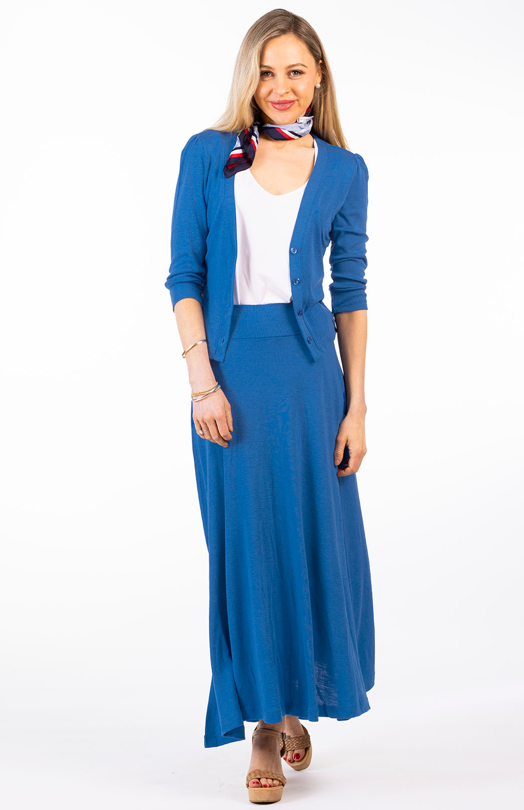 Bluebird Blue Women&#39;s Merino Wool Crop Cardigan with 3/4 Sleeves
