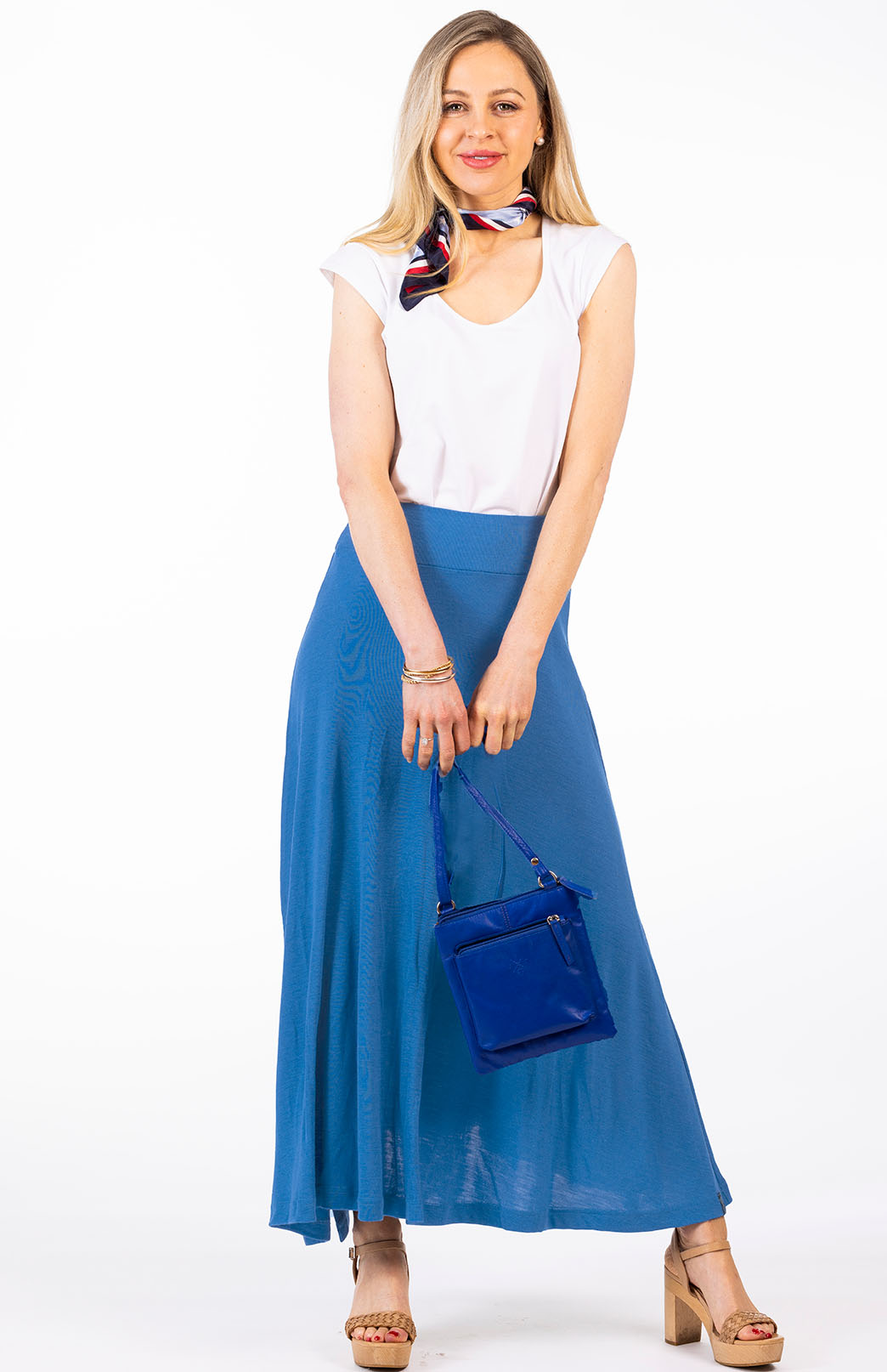 Summer French Blue Women's Merino Wool Midweight A-Line Midi Skirt
