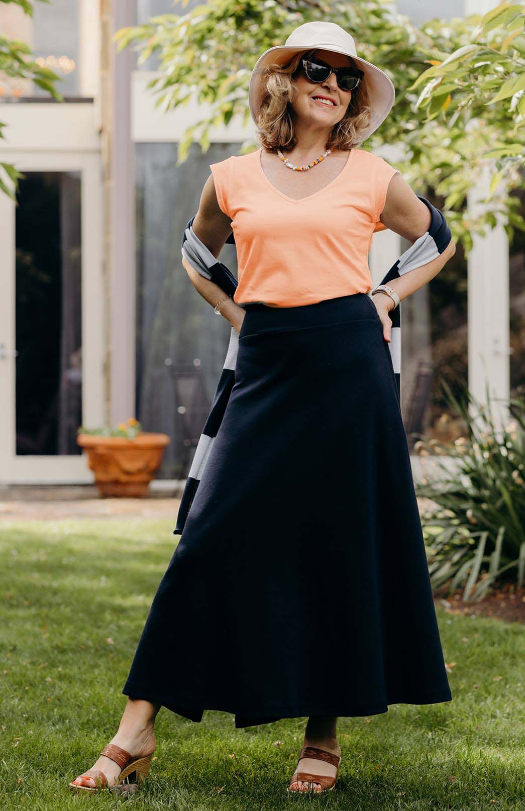 French Navy Blue Women's Merino Wool Ponte A-Line Midi Skirt