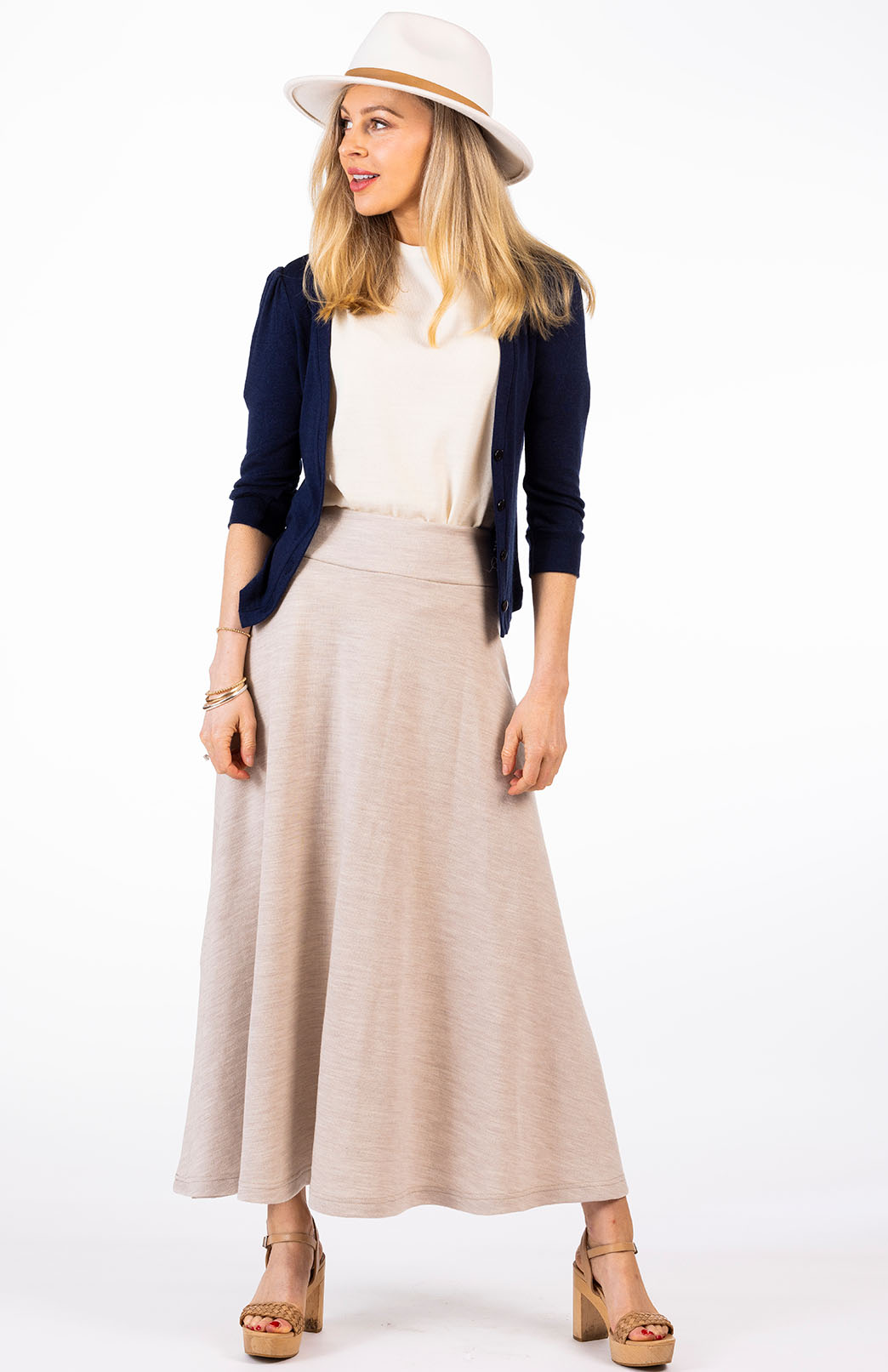 French Navy Blue Women's Merino Wool Crop Cardigan with 3/4 Sleeves