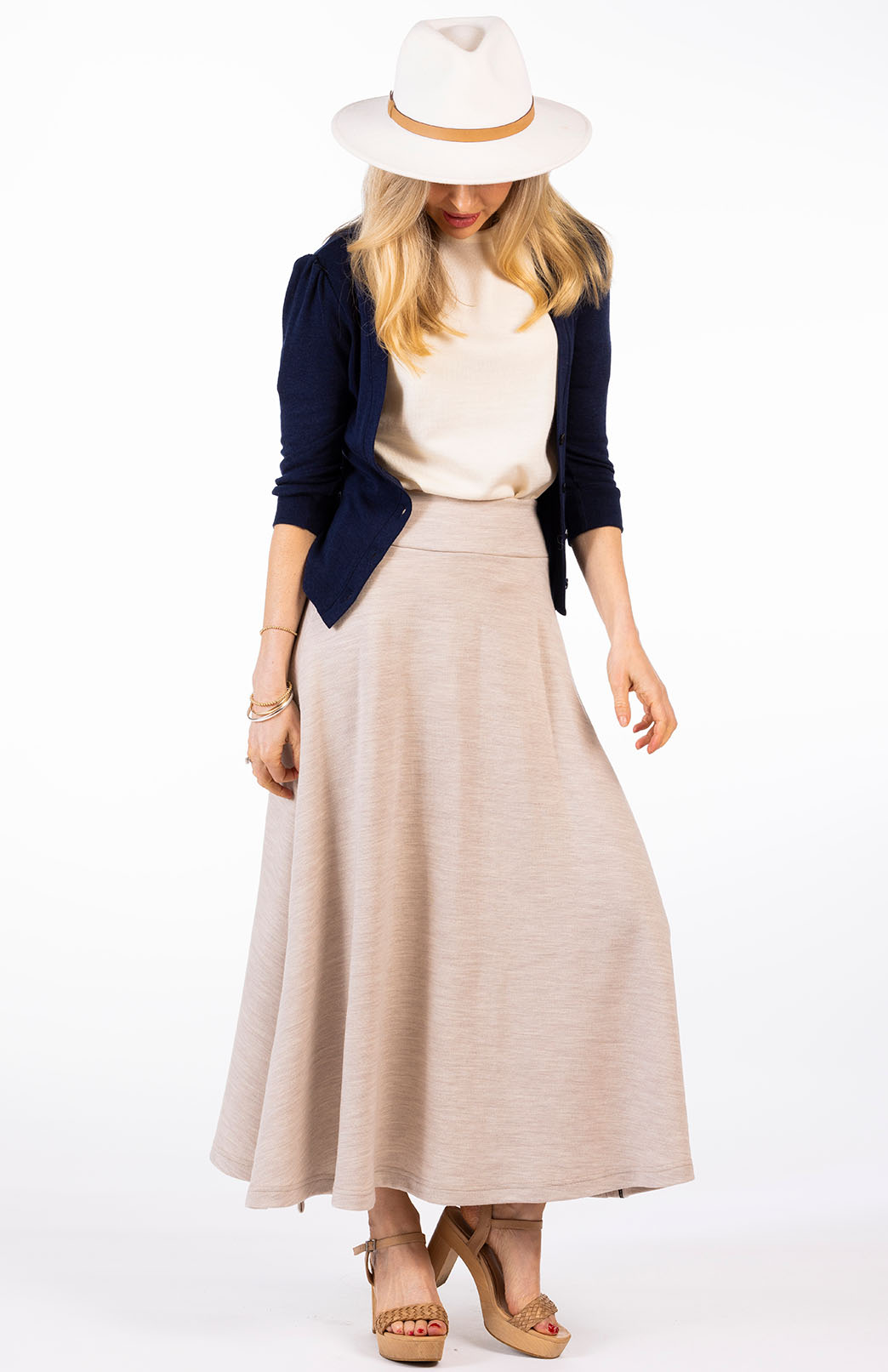 French Navy Blue Women's Merino Wool Crop Cardigan with 3/4 Sleeves