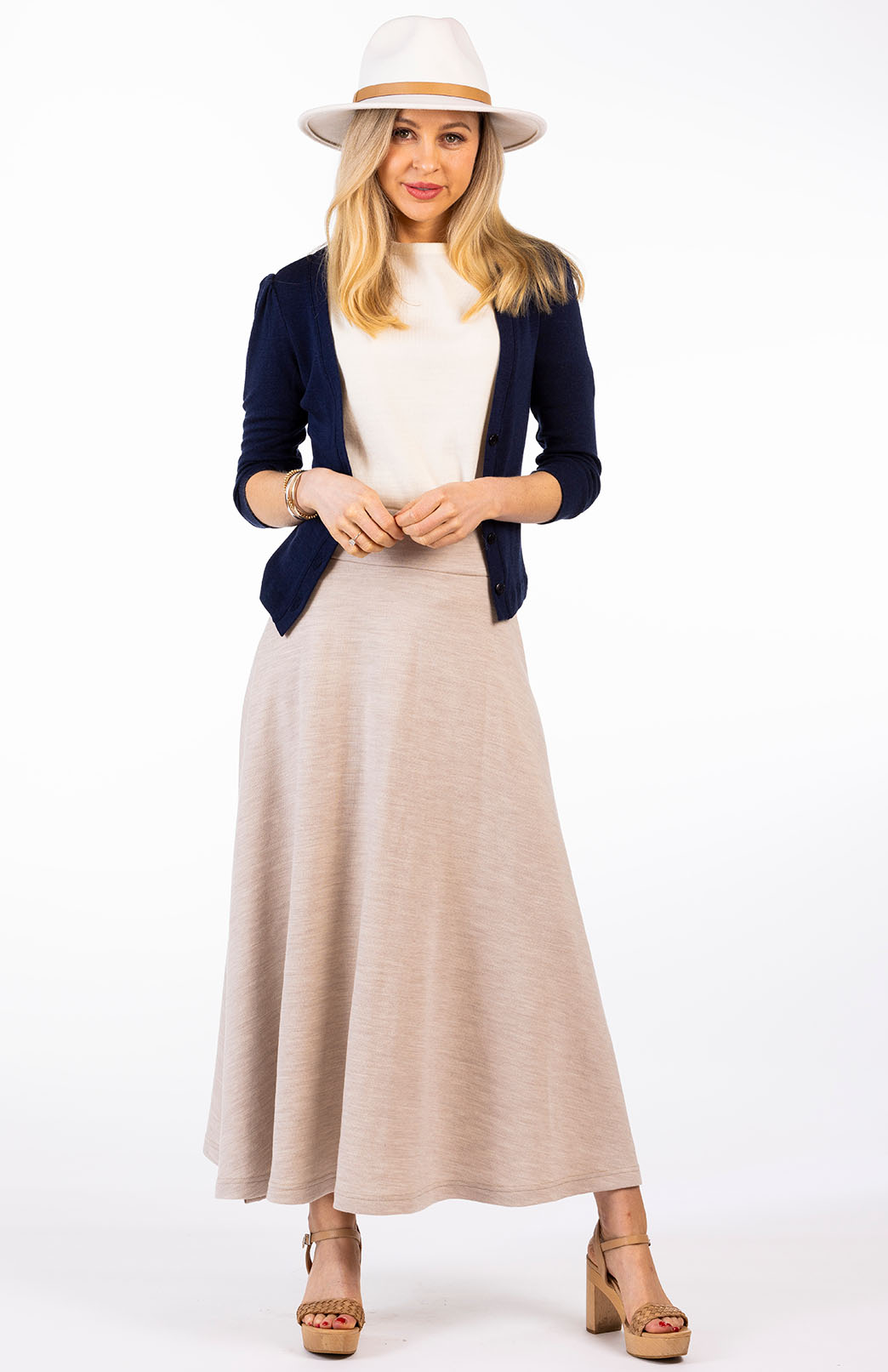 Oatmeal Marl Women's Merino Wool Ponte A-Line Midi Skirt