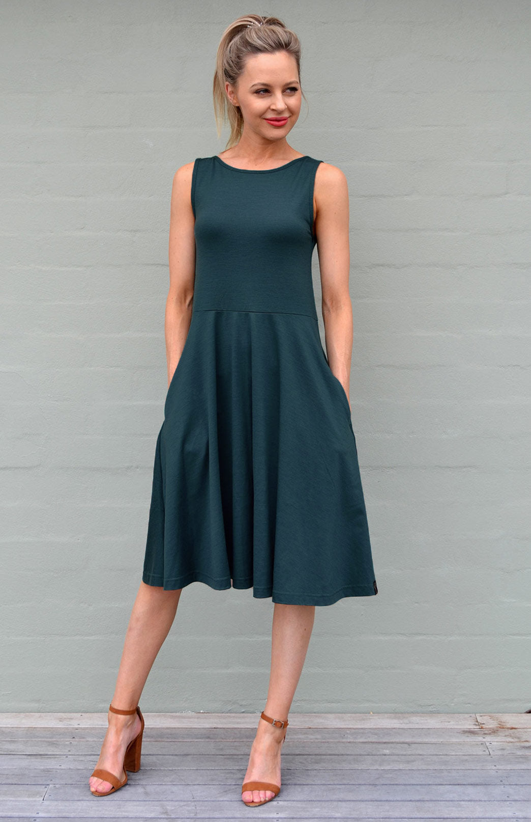 Deep Sea Green Women's Merino Wool Fit and Flare Dress - Sleeveless