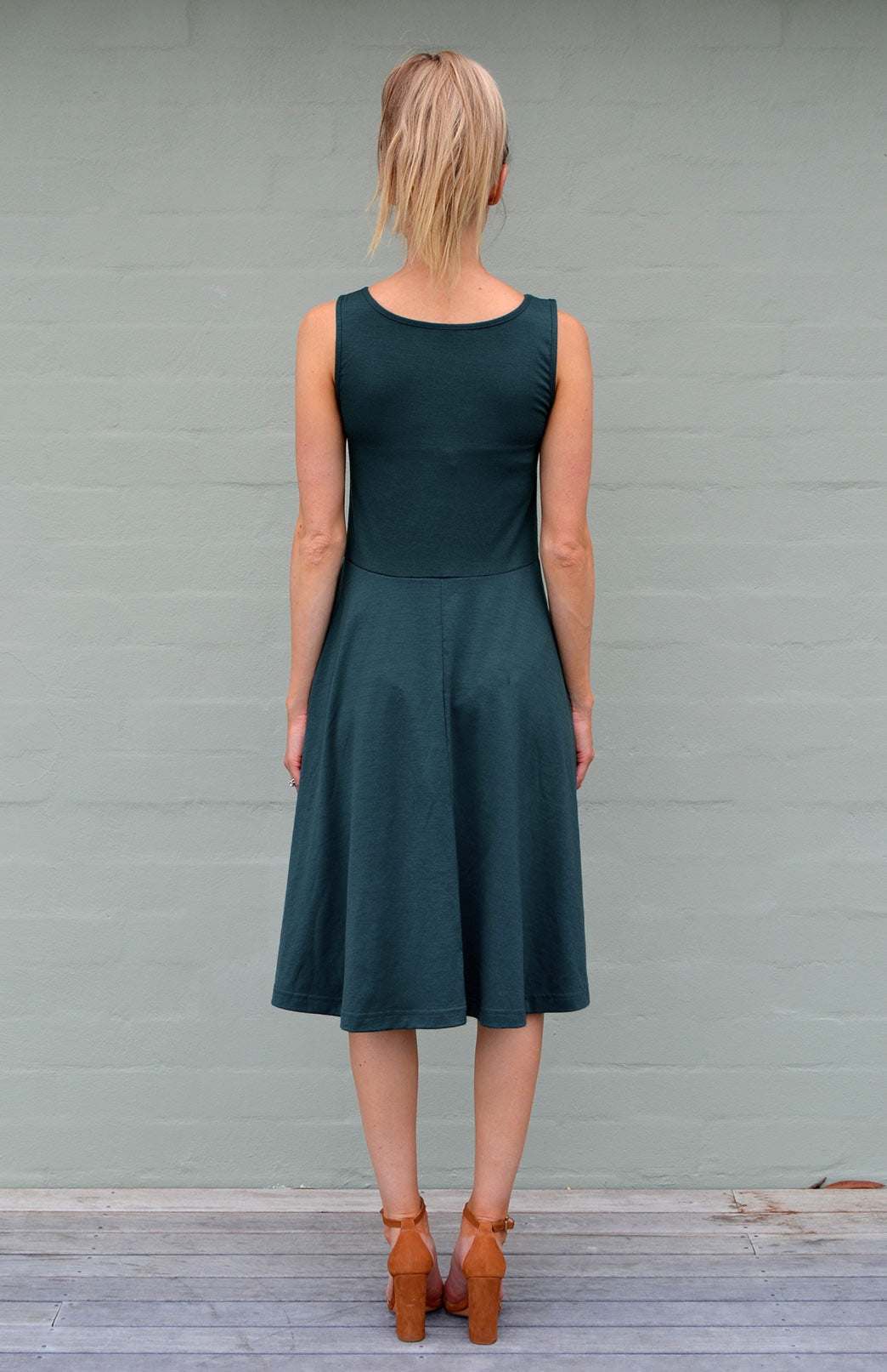 Deep Sea Green Women's Merino Wool Fit and Flare Dress - Sleeveless