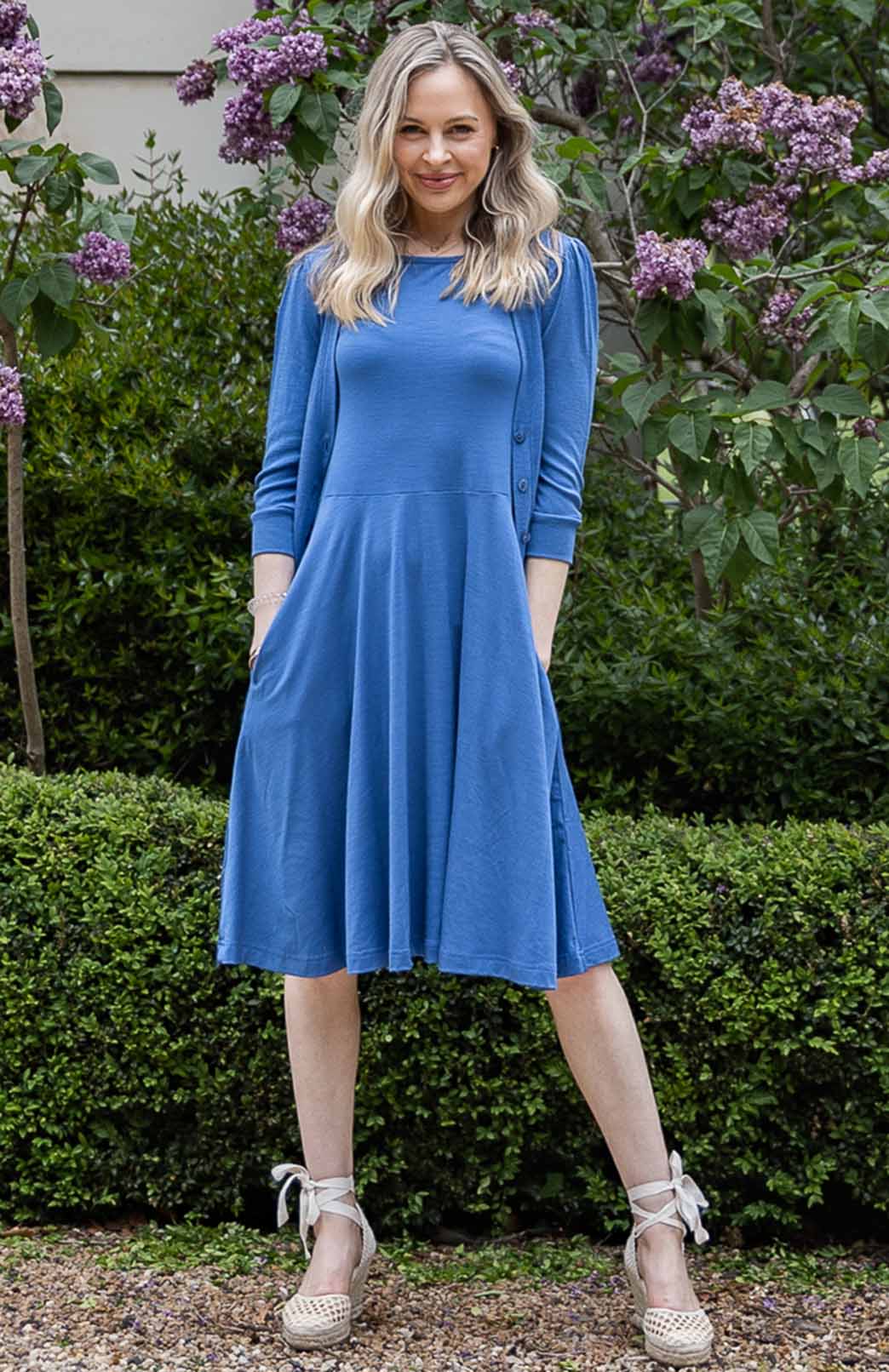 Summer French Blue Women's Merino Wool Crop Cardigan with 3/4 Sleeves