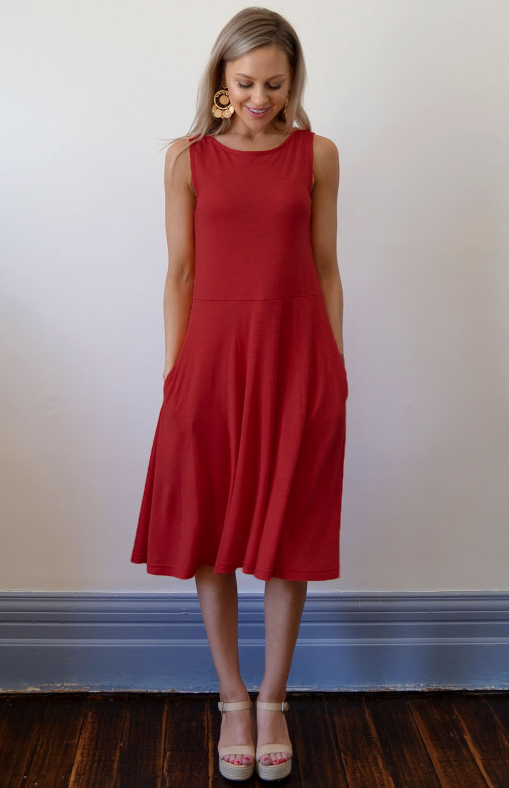 Chilli Red Women's Merino Wool Fit and Flare Dress - Sleeveless