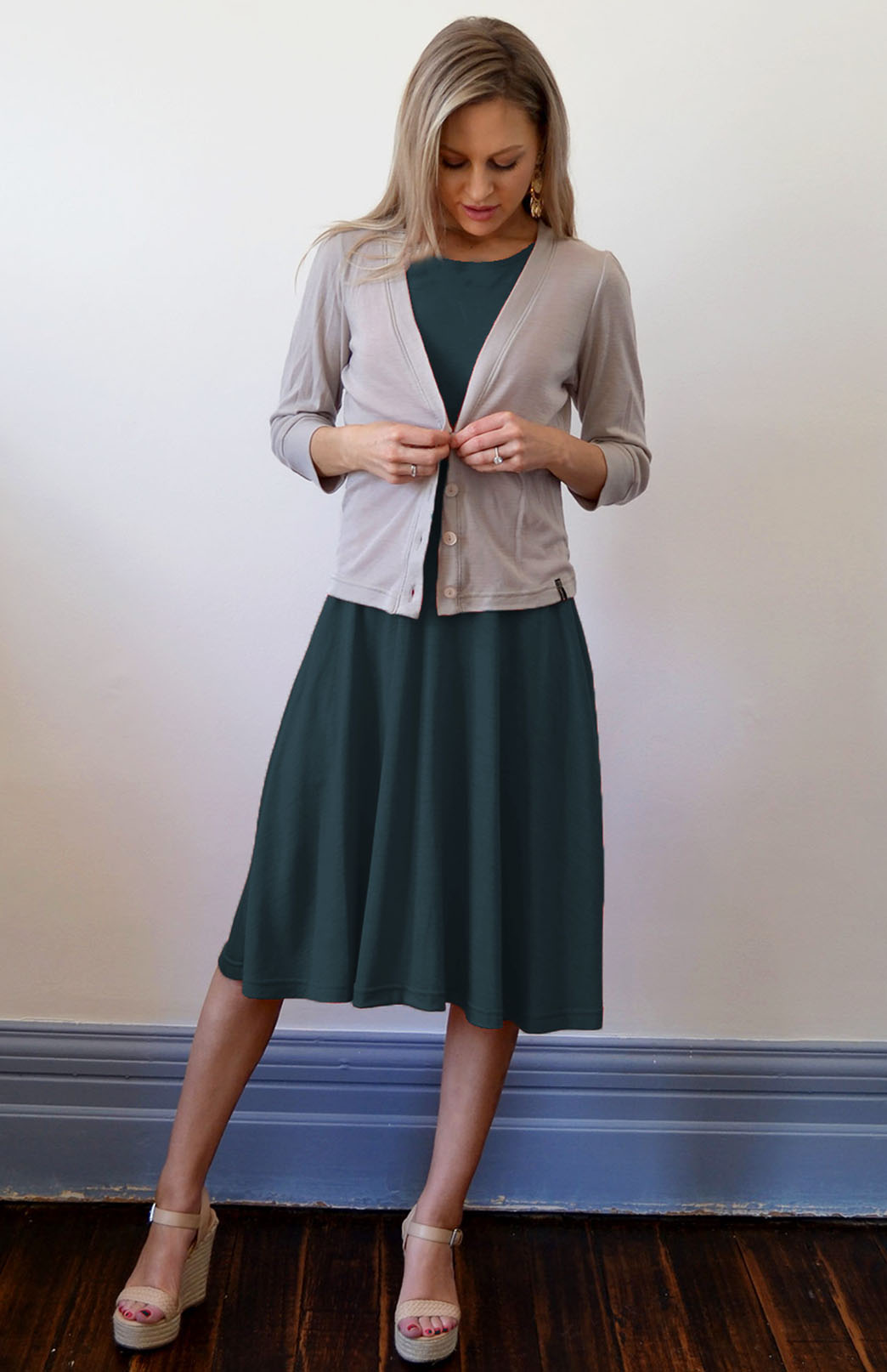 Deep Sea Green Women's Merino Wool Fit and Flare Dress - Sleeveless