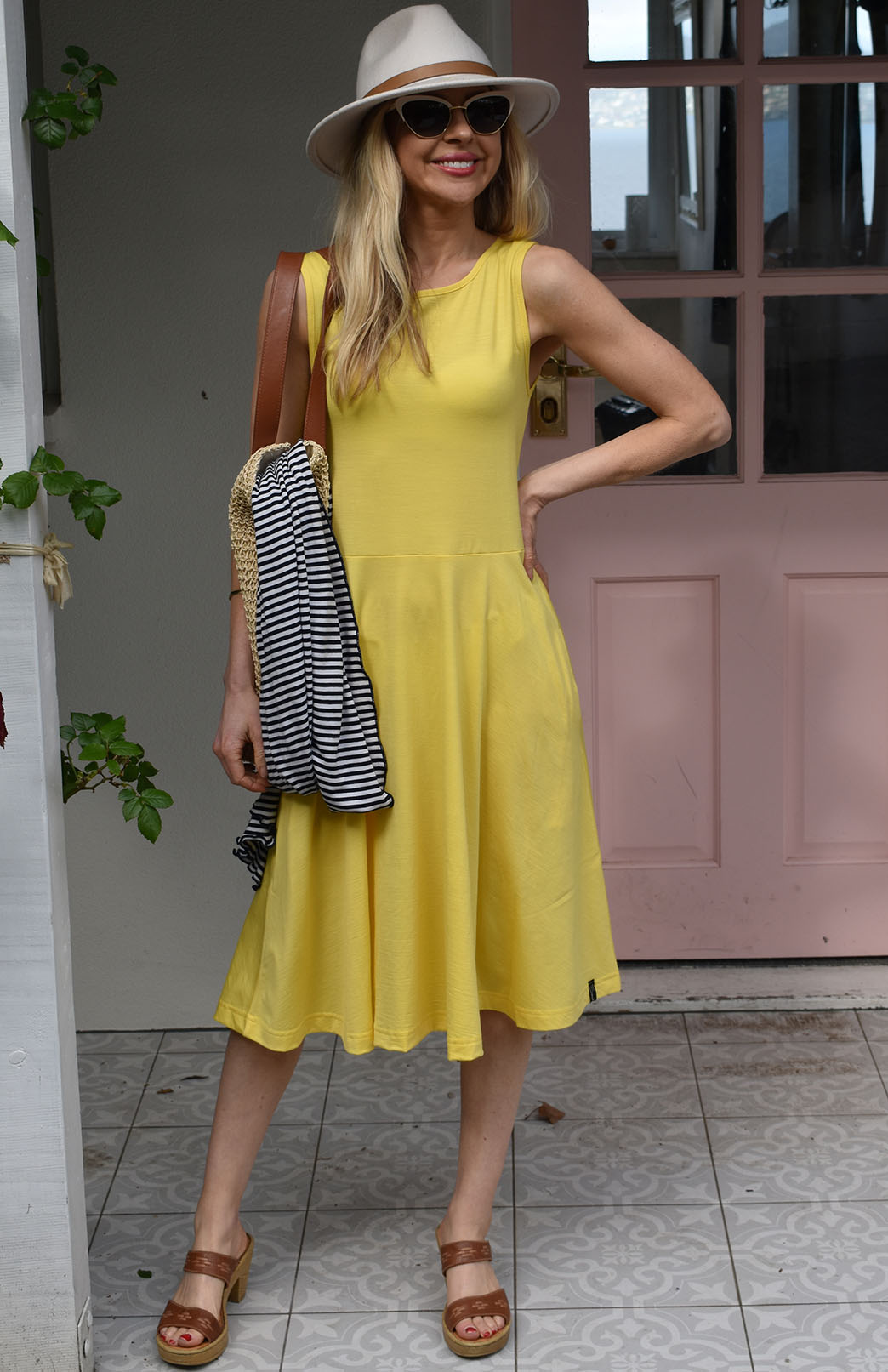 Lemon Zest Yellow Women's Merino Wool Fit and Flare Dress - Sleeveless