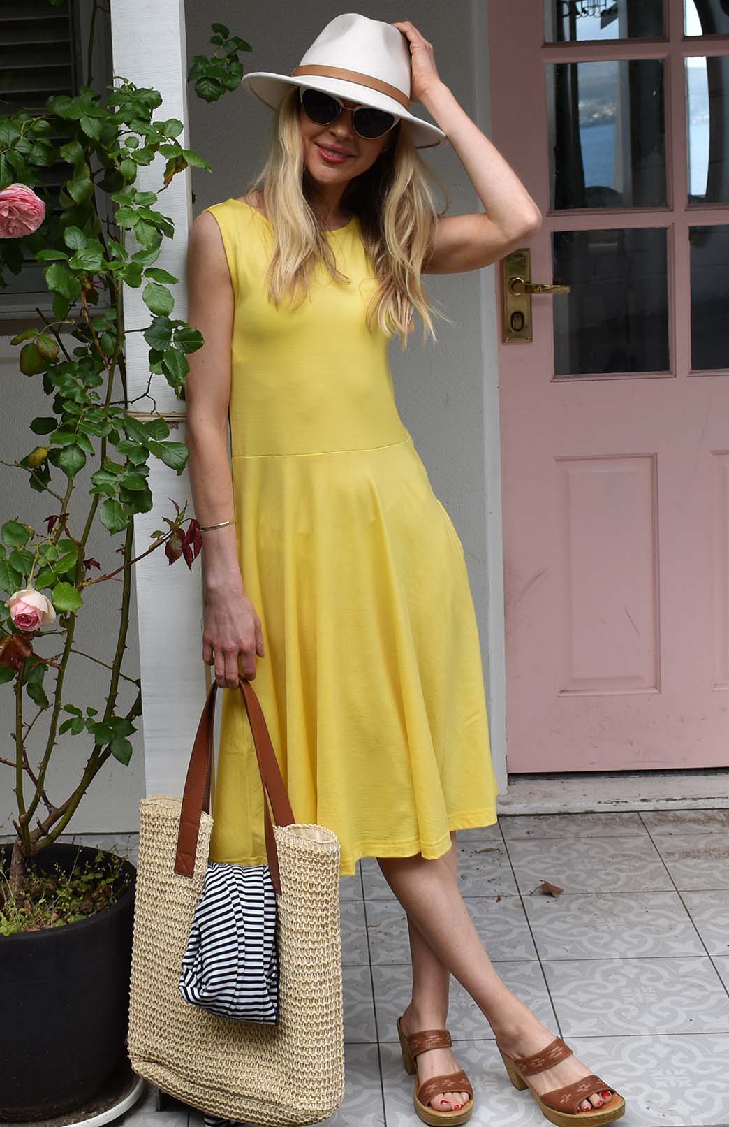 Lemon Zest Yellow Women's Merino Wool Fit and Flare Dress - Sleeveless