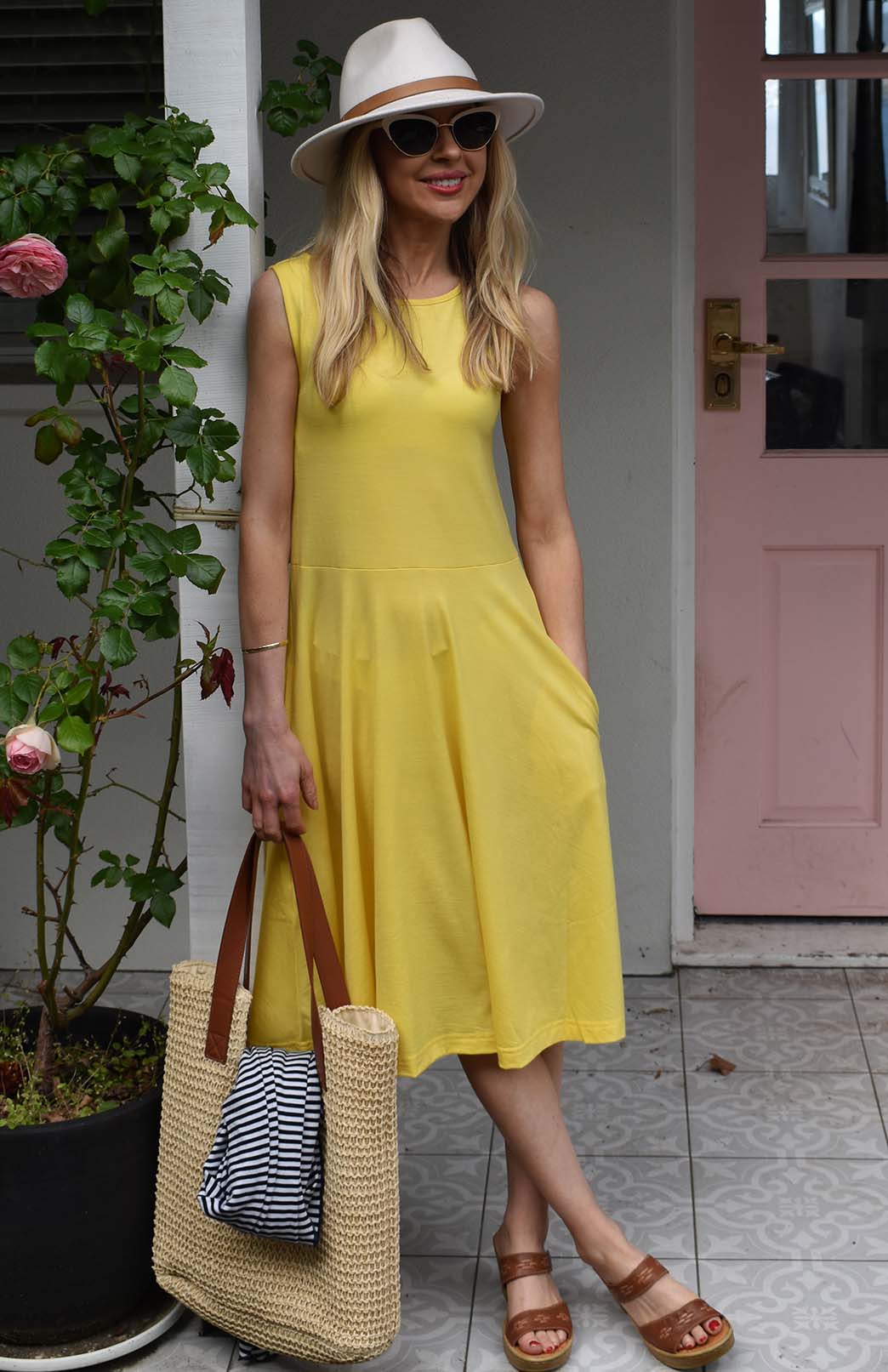 Lemon Zest Yellow Women's Merino Wool Fit and Flare Dress - Sleeveless