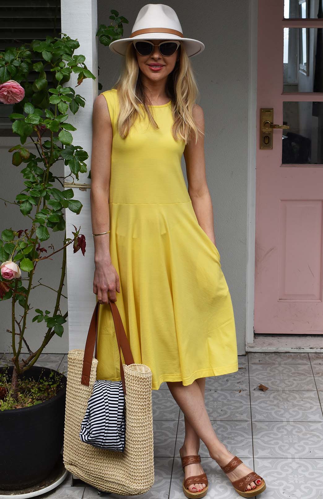 Lemon Zest Yellow Women's Merino Wool Fit and Flare Dress - Sleeveless