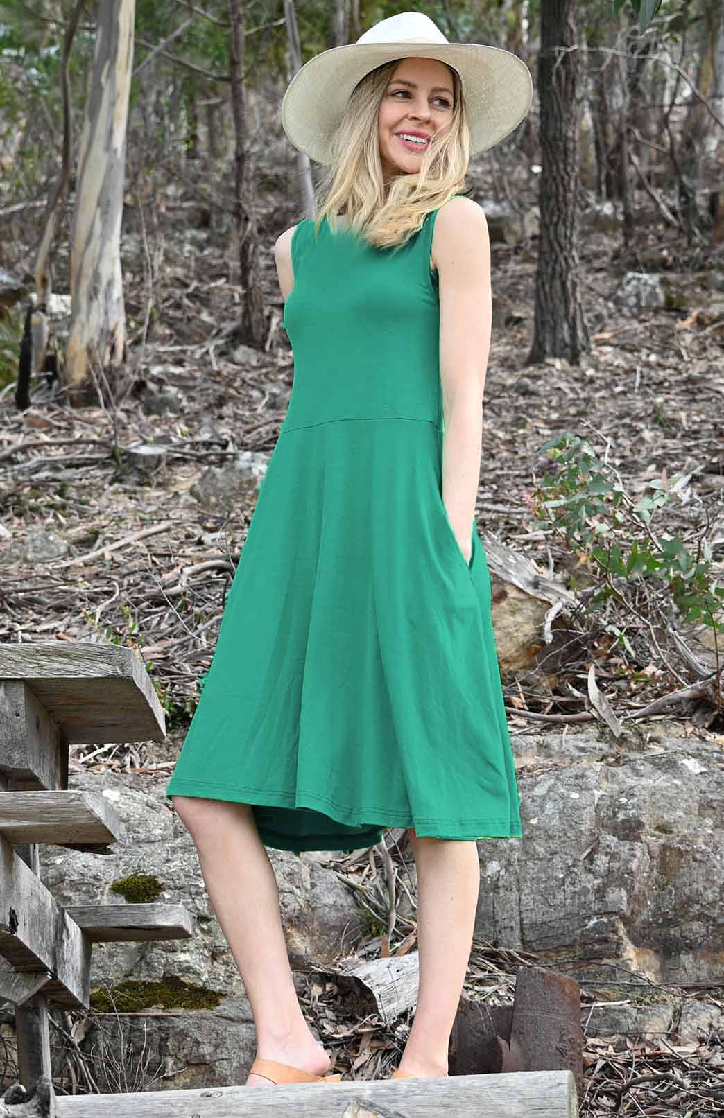 Soft Emerald Green Women's Merino Wool Fit and Flare Dress - Sleeveless