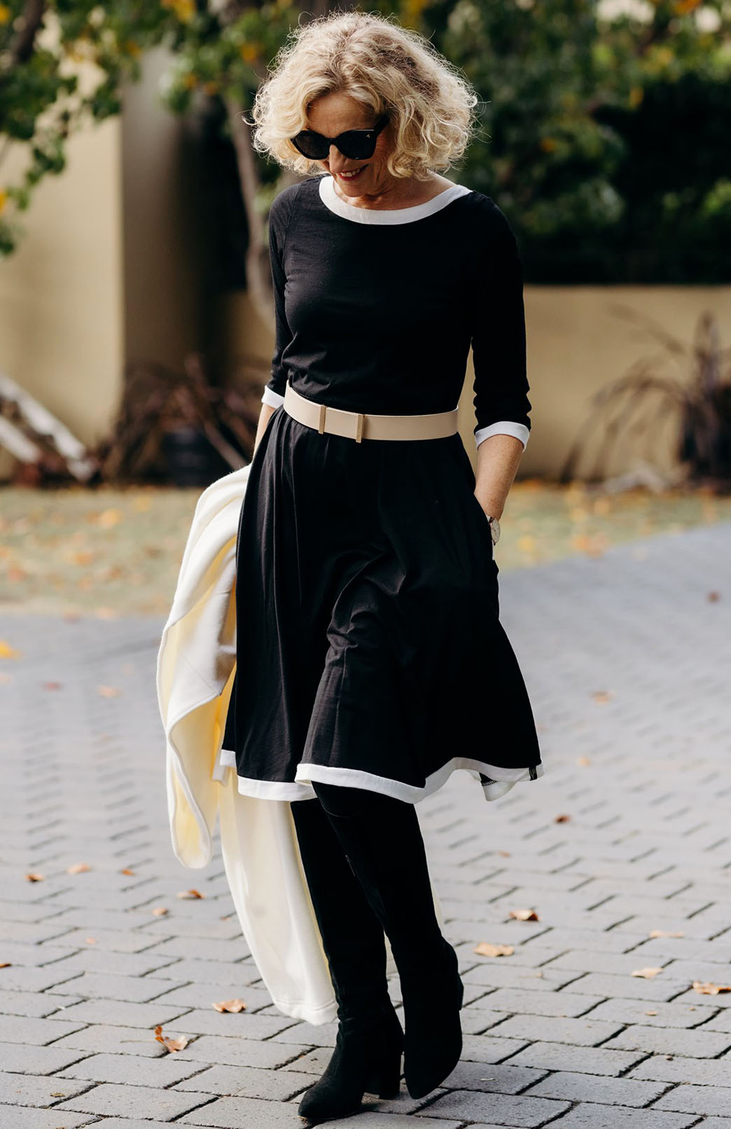 Black & Ivory Women's Merino Wool Fit and Flare Mary Dress with 3/4 Sleeves and contrast detail