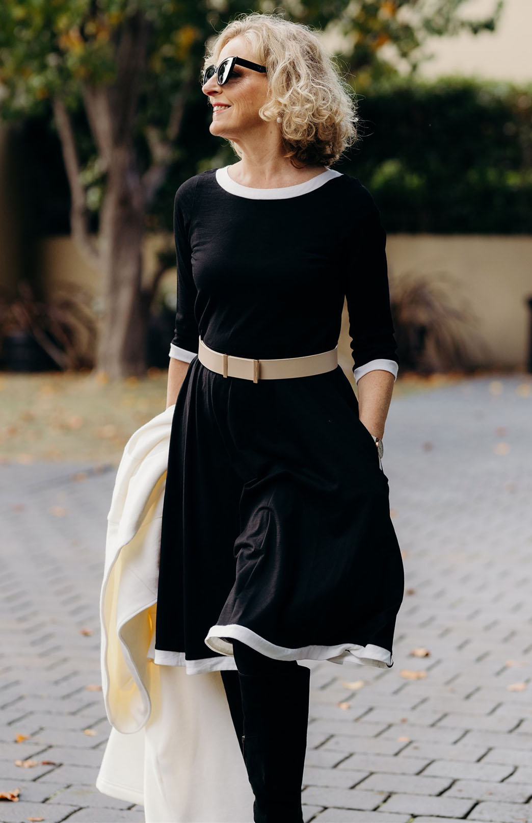 Black & Ivory Women's Merino Wool Fit and Flare Mary Dress with 3/4 Sleeves and contrast detail