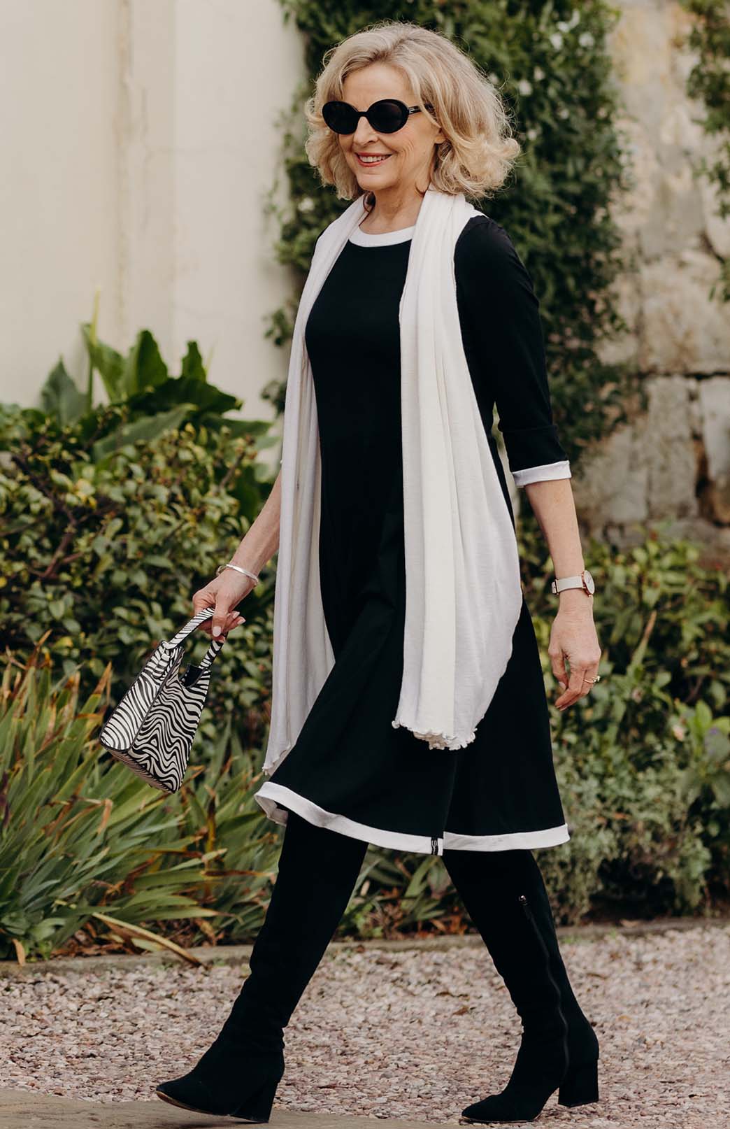 Black & Ivory Women's Merino Wool Fit and Flare Mary Dress with 3/4 Sleeves and contrast detail