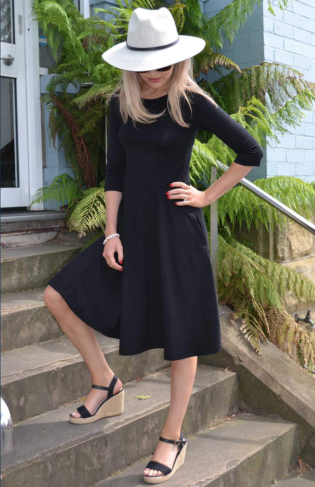 Black Women's Merino Wool Fit and Flare Dress with 3/4 Sleeves
