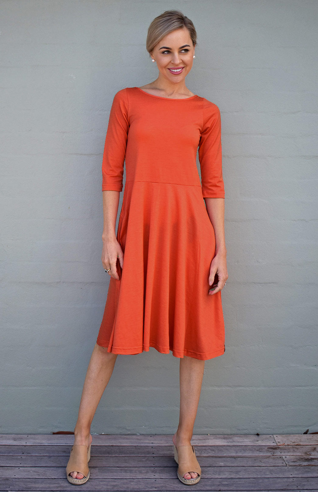 Burnt Orange Women's Merino Wool Fit and Flare Dress with 3/4 Sleeves