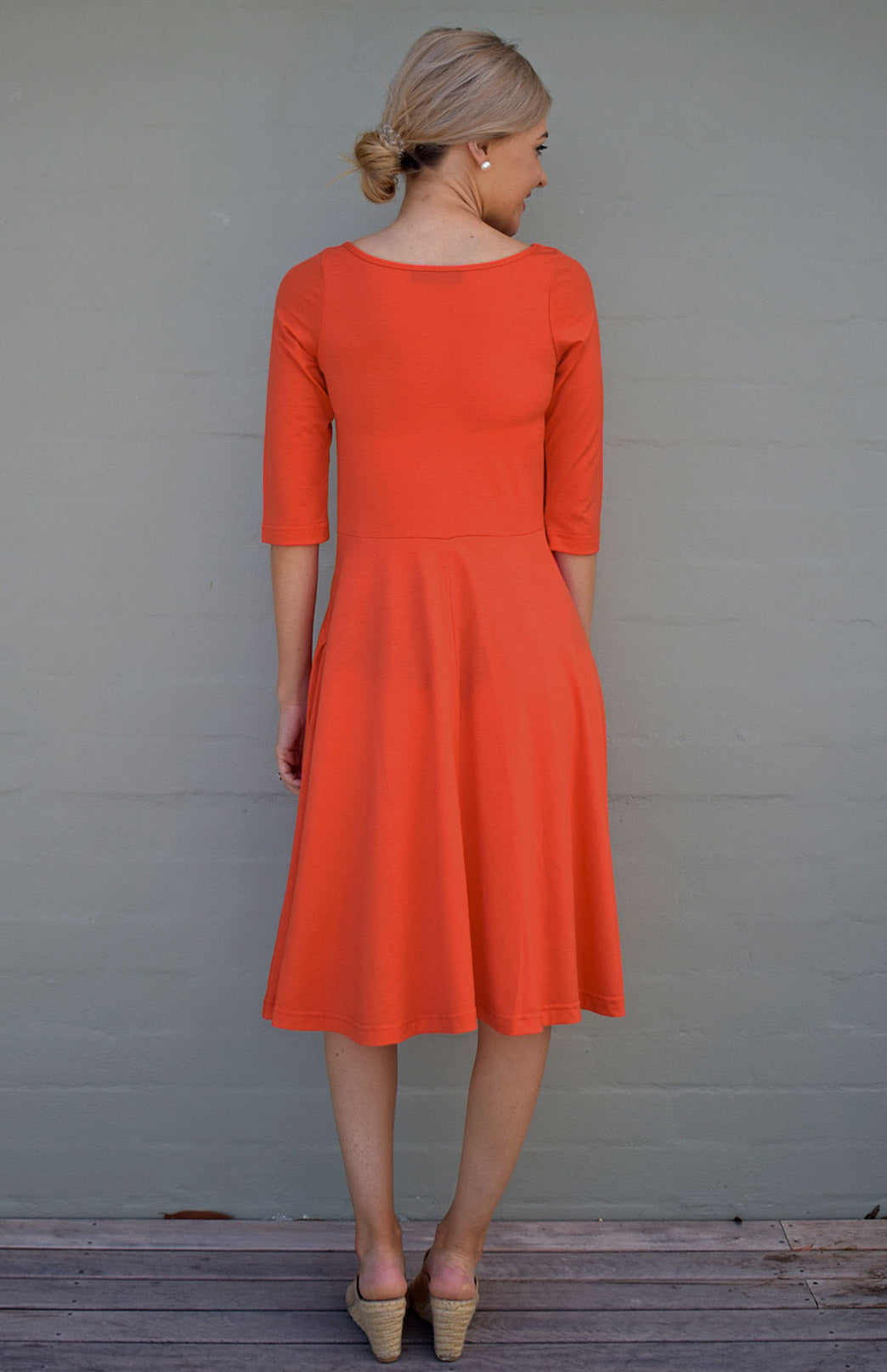 Burnt Orange Women's Merino Wool Fit and Flare Dress with 3/4 Sleeves