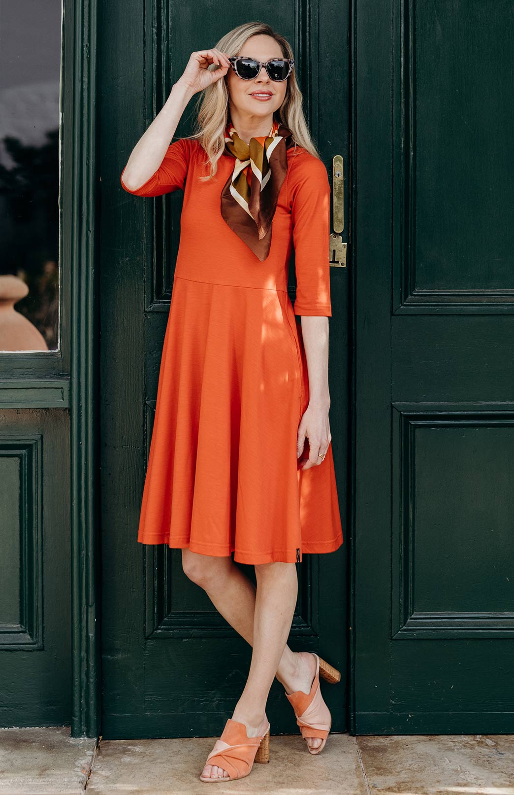 Burnt Orange Women's Merino Wool Fit and Flare Dress with 3/4 Sleeves

