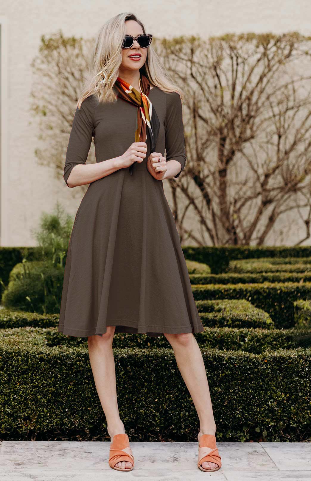 Chocolate Women's Merino Wool Fit and Flare Dress with 3/4 Sleeves