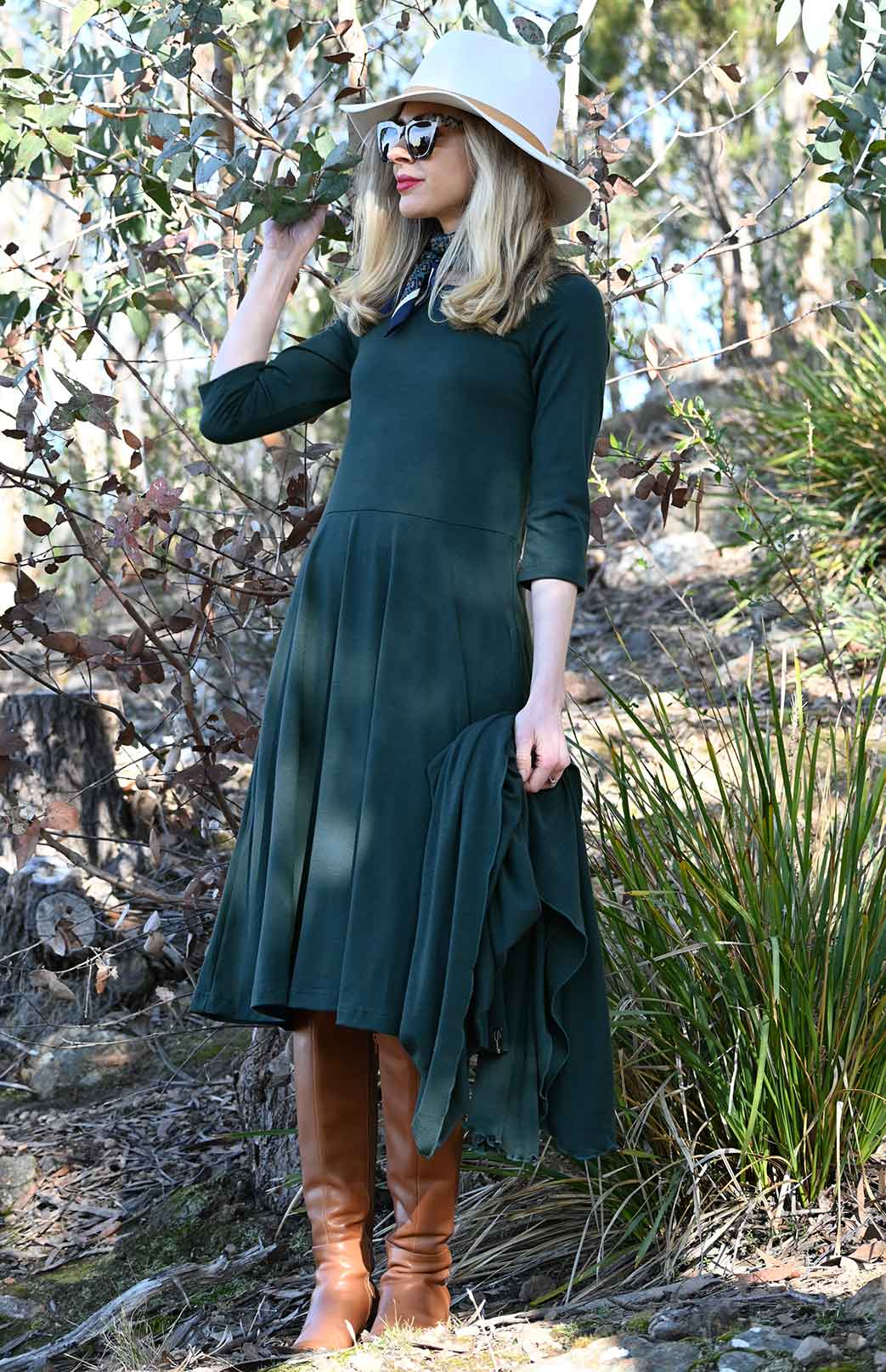 Deep Sea Green Women&#39;s Merino Wool Fit and Flare Dress with 3/4 Sleeves

