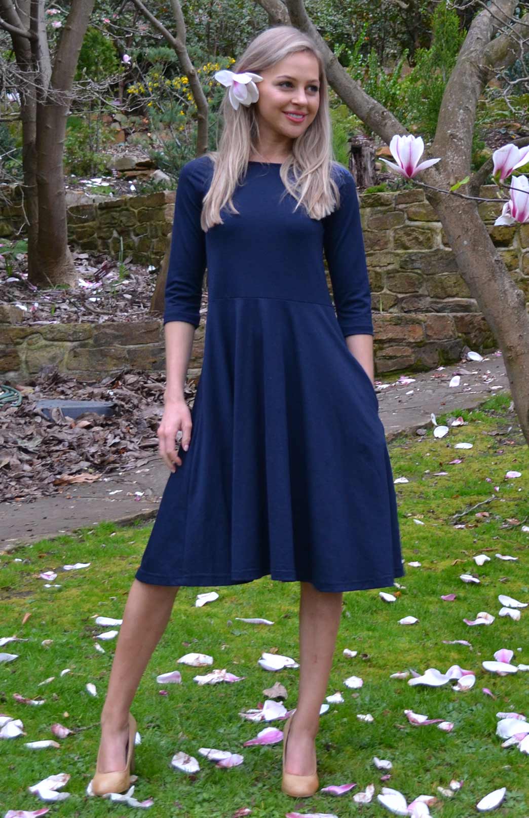 French Navy Blue Women's Merino Wool Fit and Flare Dress with 3/4 Sleeves