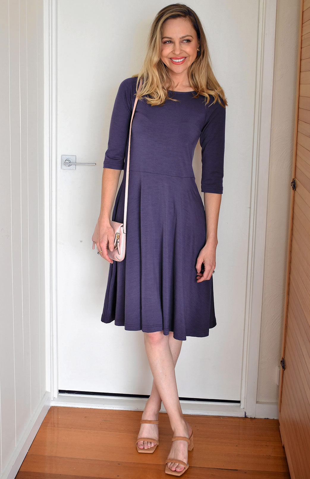 Grape Purple Women&#39;s Merino Wool Fit and Flare Dress with 3/4 Sleeves
