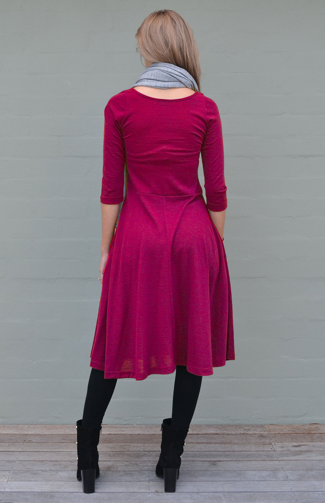 Magenta Women's Merino Wool Fit and Flare Dress with 3/4 Sleeves