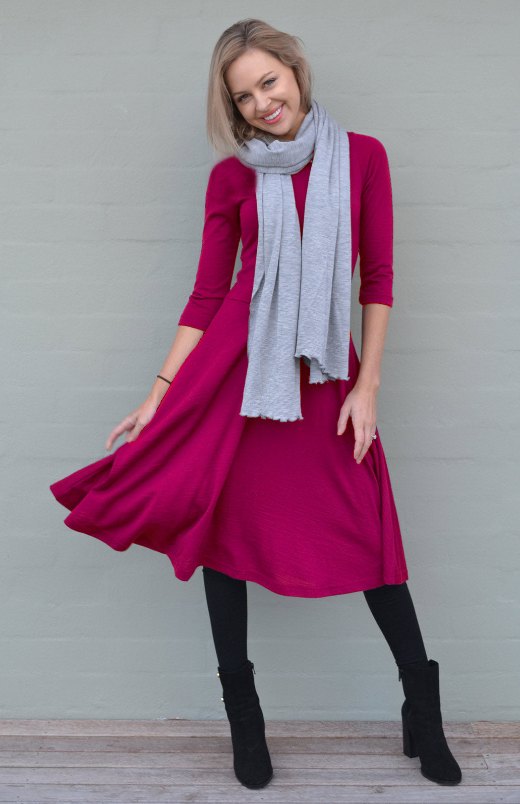 Magenta Women's Merino Wool Fit and Flare Dress with 3/4 Sleeves
