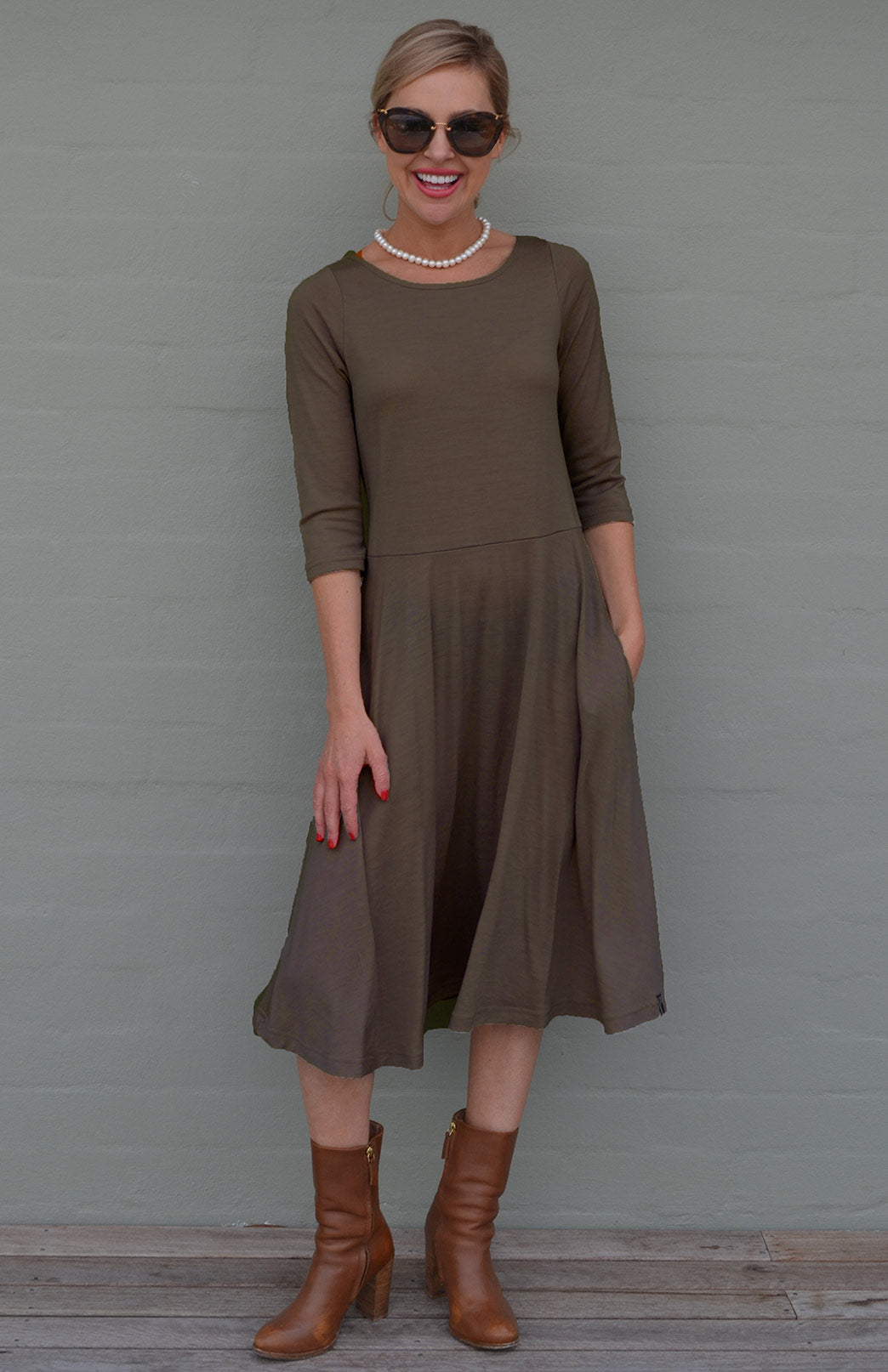 Mary Dress Women's Merino Wool Fit and Flare Dress with 3/4 Sleeves