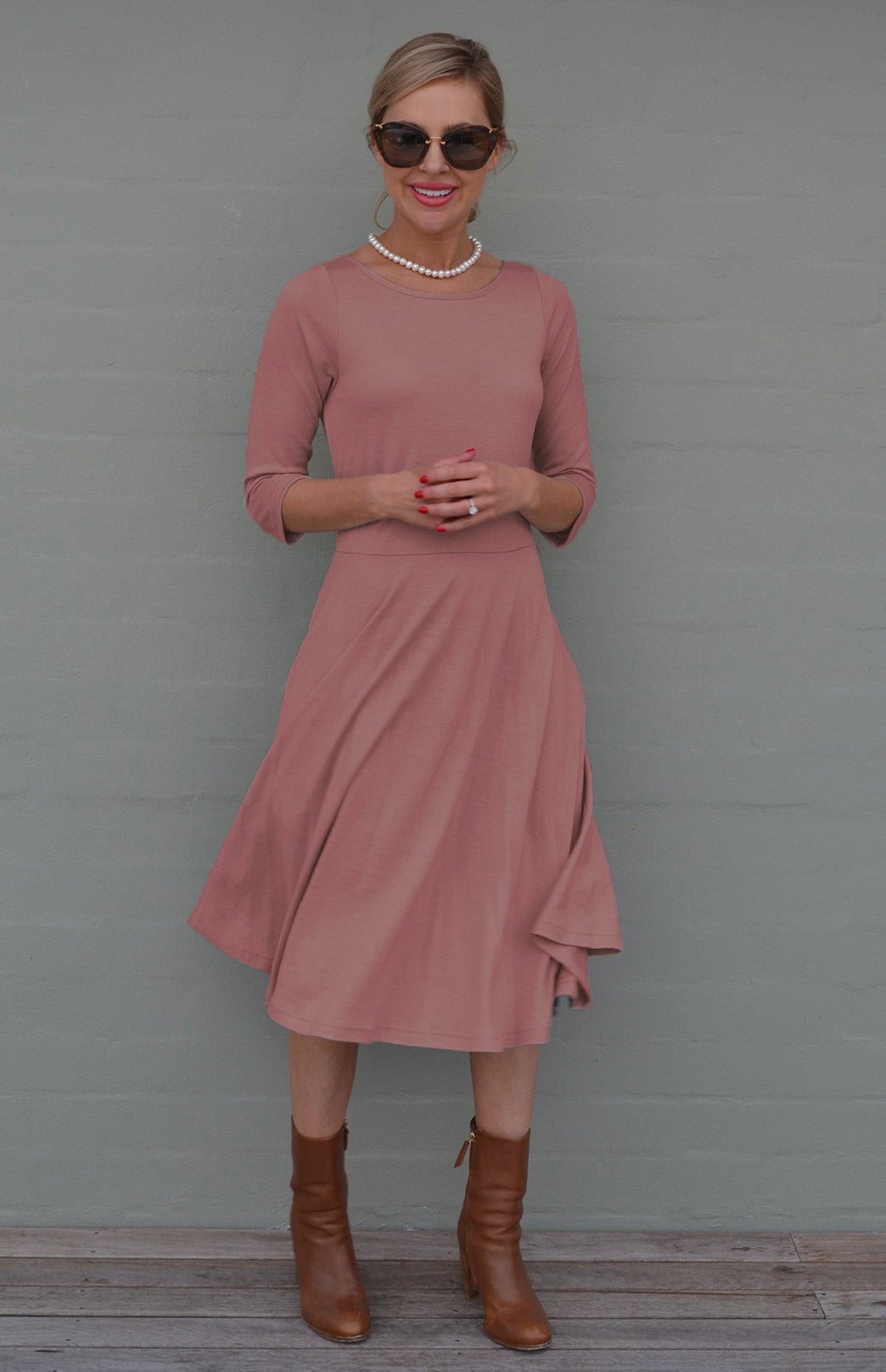 Rosewood Pink Women's Merino Wool Fit and Flare Dress with 3/4 Sleeves
