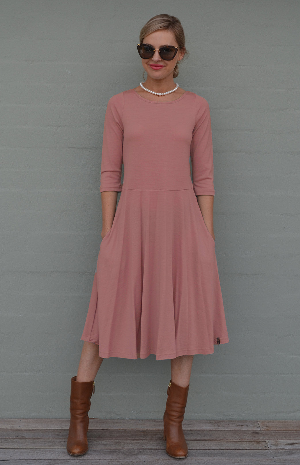 Rosewood Pink Women's Merino Wool Fit and Flare Dress with 3/4 Sleeves