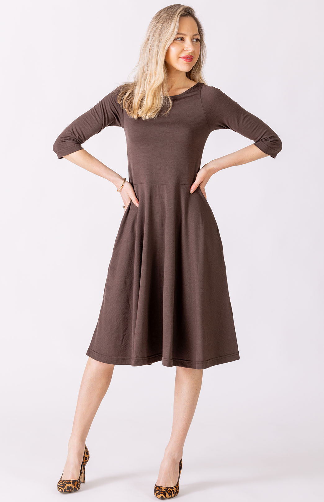 Chocolate Women's Merino Wool Fit and Flare Dress with 3/4 Sleeves