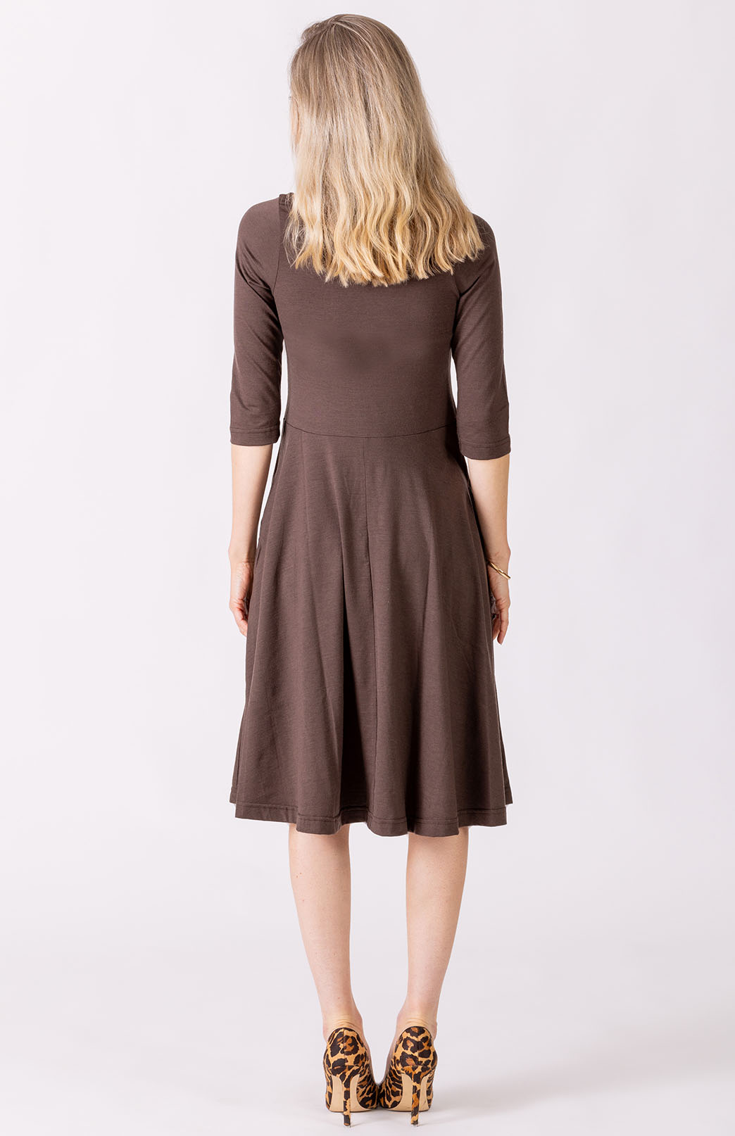 Chocolate Women's Merino Wool Fit and Flare Dress with 3/4 Sleeves