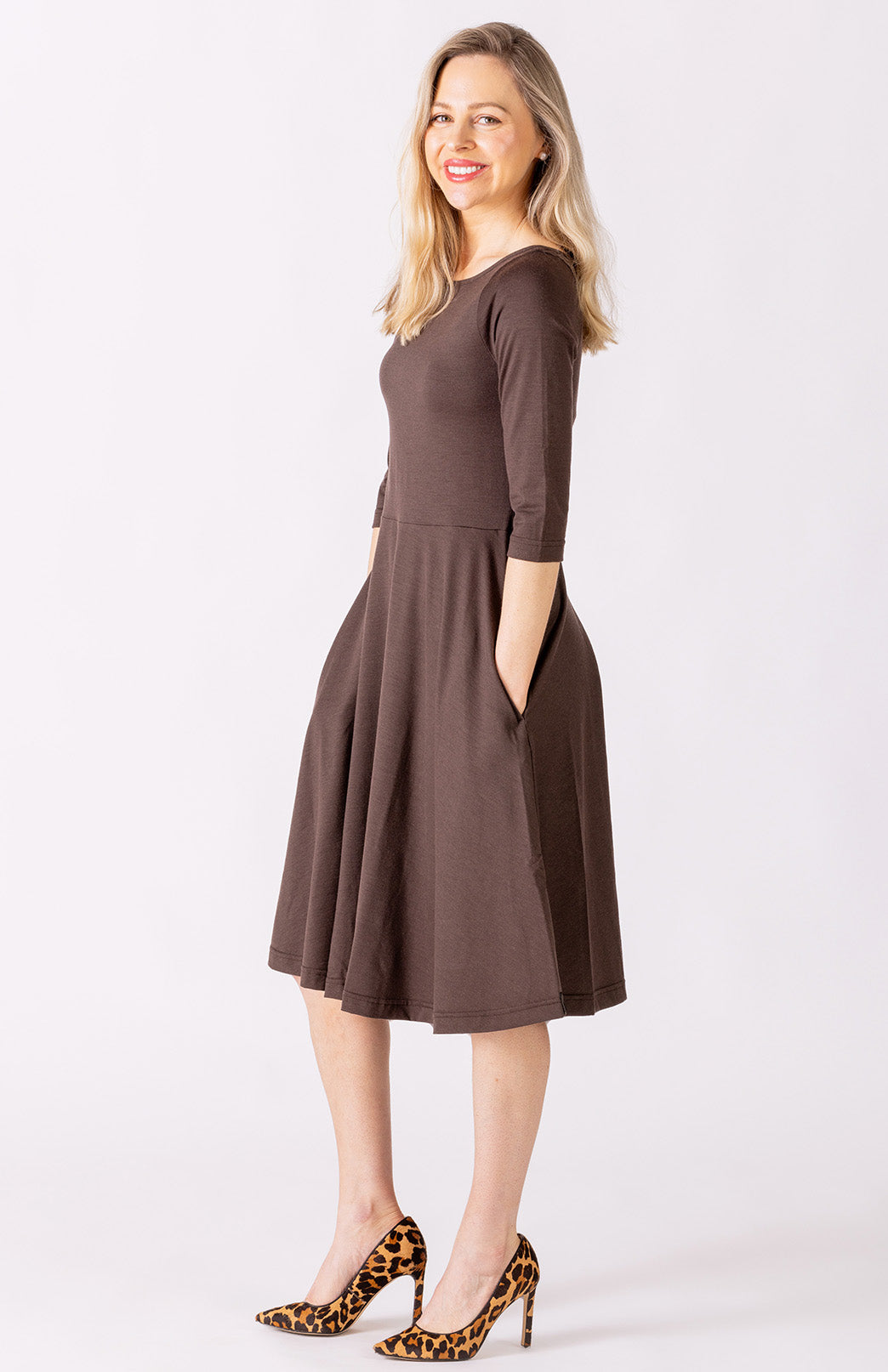 Chocolate Women's Merino Wool Fit and Flare Dress with 3/4 Sleeves