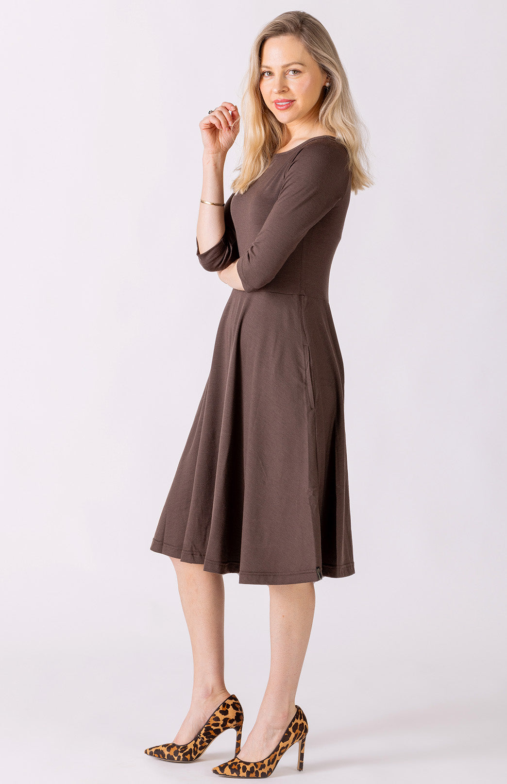 Chocolate Women's Merino Wool Fit and Flare Dress with 3/4 Sleeves