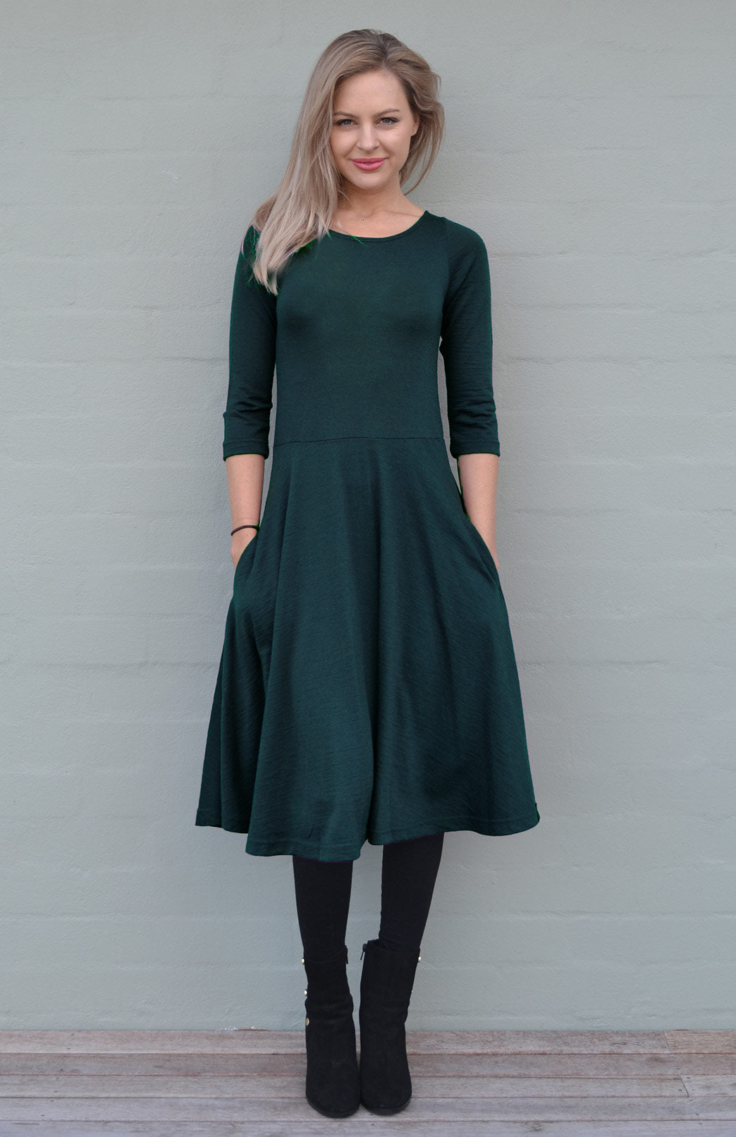 Deep Sea Green Women&#39;s Merino Wool Fit and Flare Dress with 3/4 Sleeves
