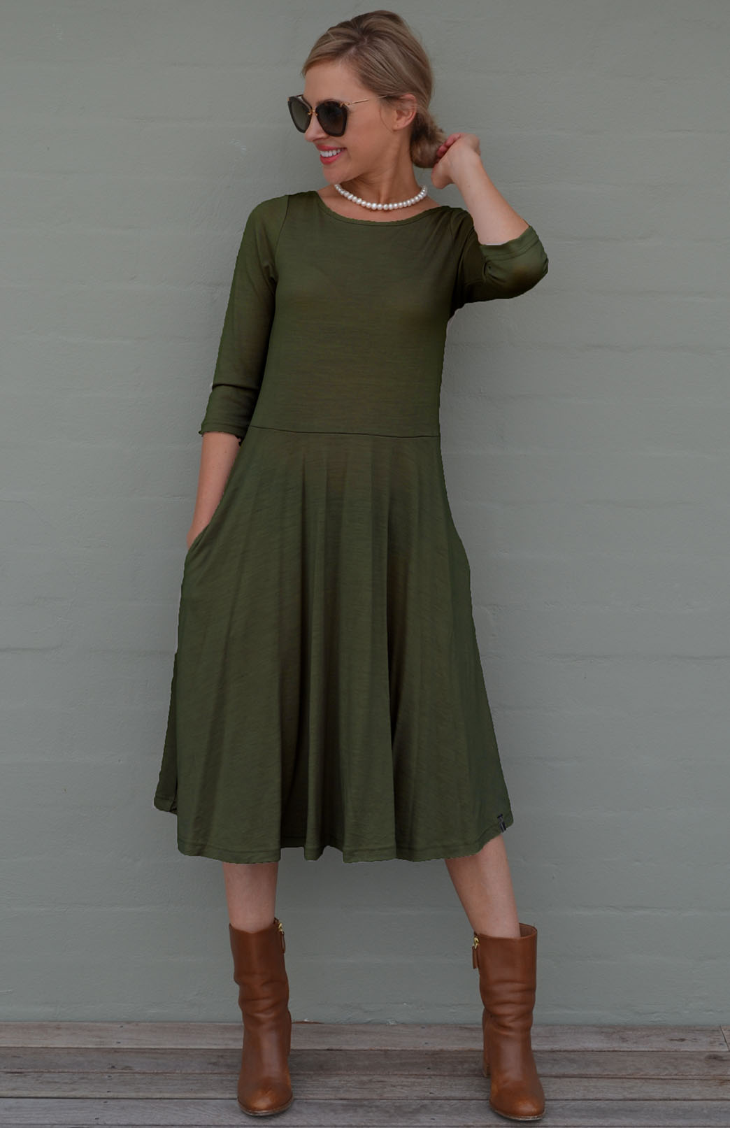 Kale Green Women's Merino Wool Fit and Flare Dress with 3/4 Sleeves
