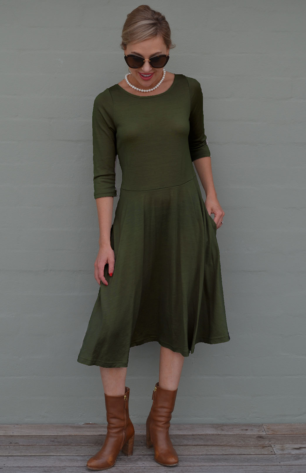 Kale Green Women's Merino Wool Fit and Flare Dress with 3/4 Sleeves