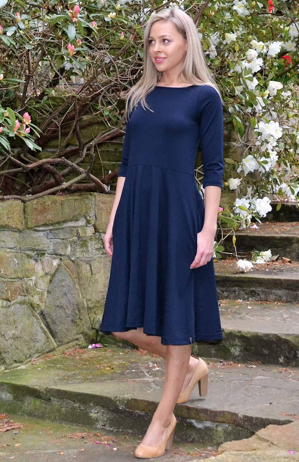 Navy Blue Women's Merino Wool Fit and Flare Dress with 3/4 Sleeves