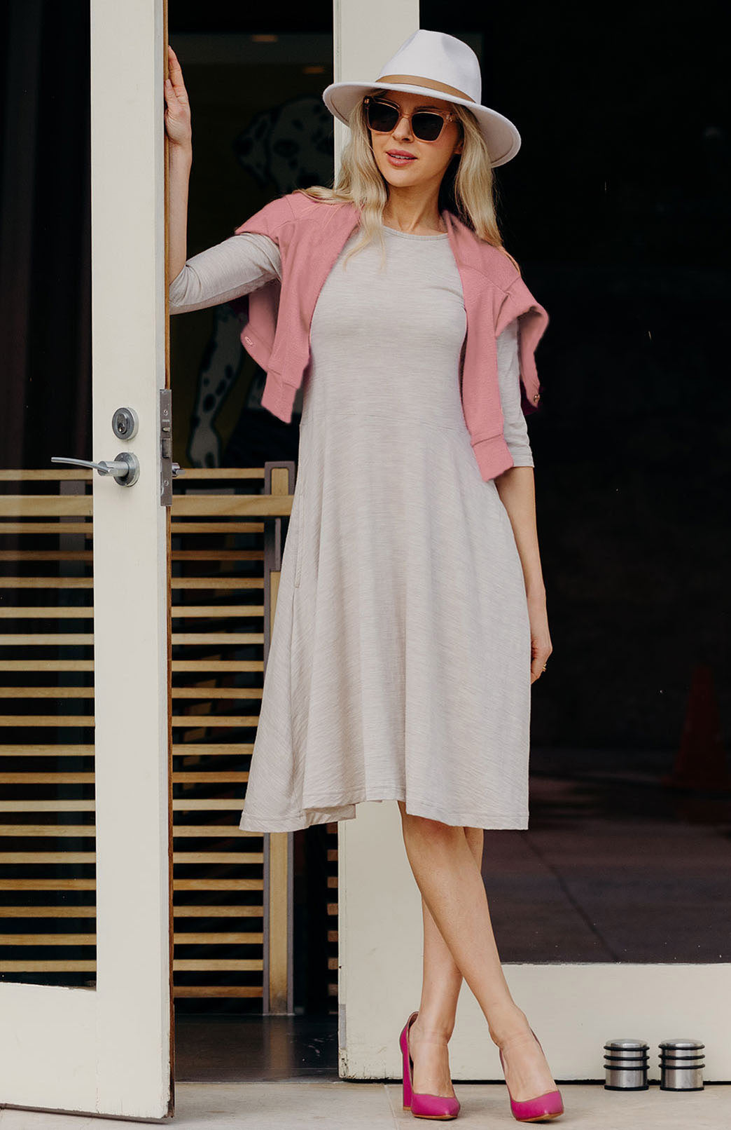 Oatmeal Marl Women's Merino Wool Fit and Flare Dress with 3/4 Sleeves